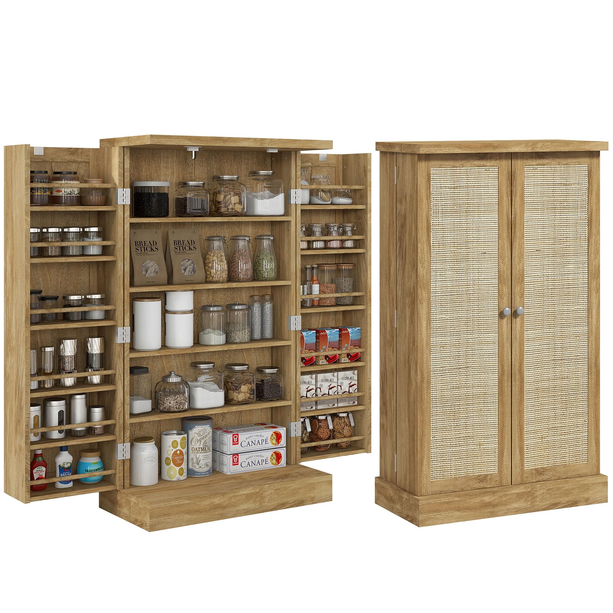 HOMCOM Armadio da cucina Armadio dispensa da cucina con 2 ante in rattan e 16 ripiani Armadio da cucina moderno con ripiani regolabili per sala da pranzo soggiorno 60x30x104 cm Naturale