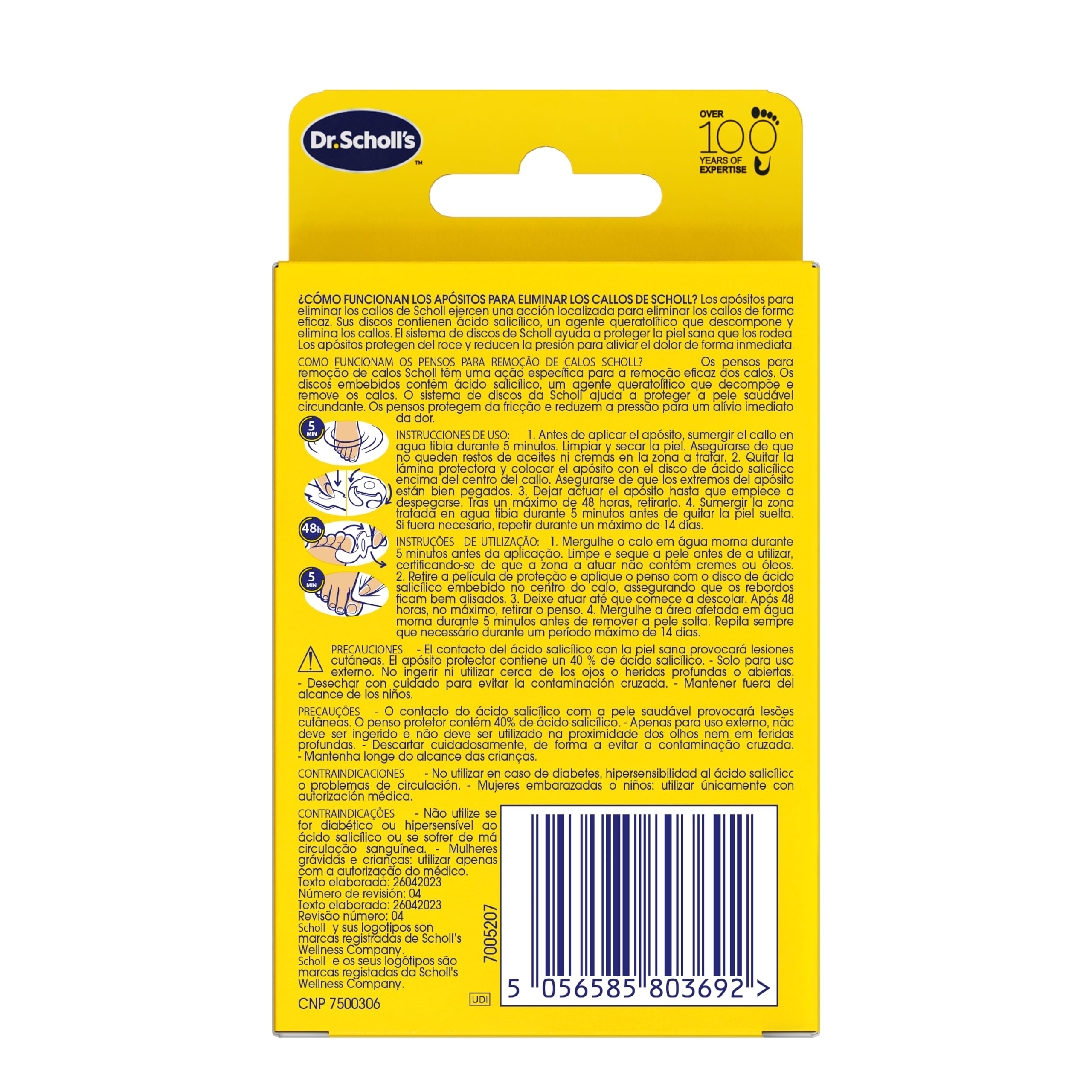 Dr. Scholl's Apósitos para eliminar callos x8 eliminador rápido y eficaz de callos en los pies, alivio inmediato del dolor, acción específica con ácido salicílico, almohadillas resistentes al lavado