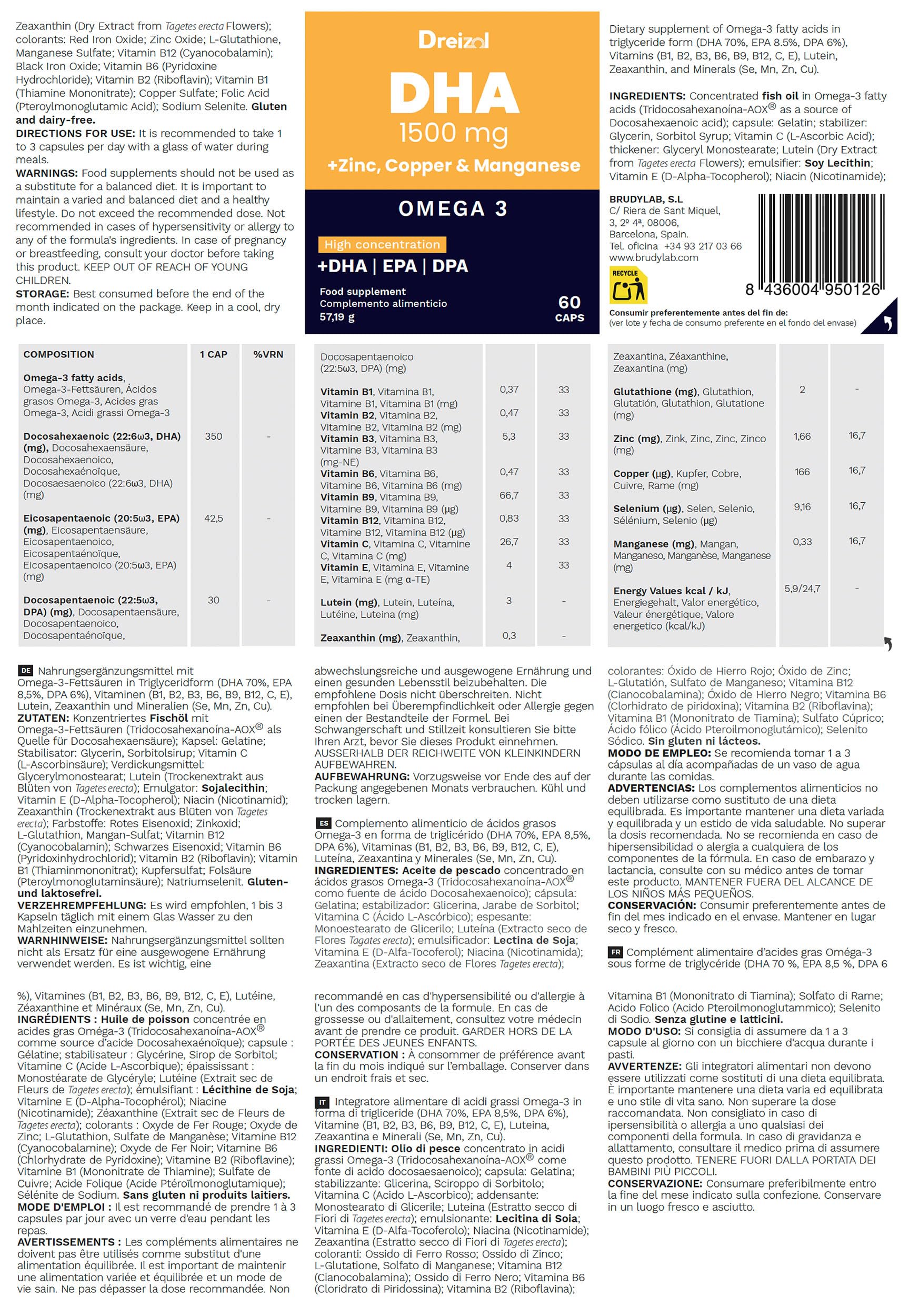 Omega 3 DHA 1500 mit EPA und DPA + Magnesium, Zink und Kupfer - Hohe Konzentration - Unterstützt Augengewebe, Netzhaut sowie Herz- und Gehirngesundheit - Glutenfrei - GMO-frei - 60 Kapseln