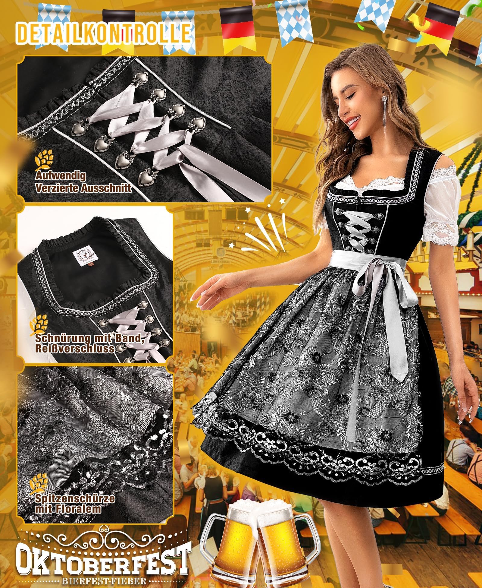 Funspread Dirndl Damen Midi Schwarz - Dirndlkleid mit Spitzenschürze Trachtenmode Kleid für Oktoberfest