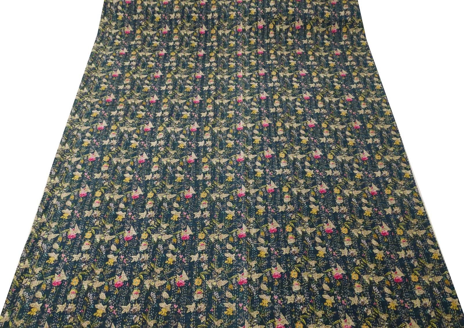 Sophia-Art Floral Print Decorative Blue Cotton Reversible Bedspread Quilt Reversible Gudri Queen Size Throw Bedspread