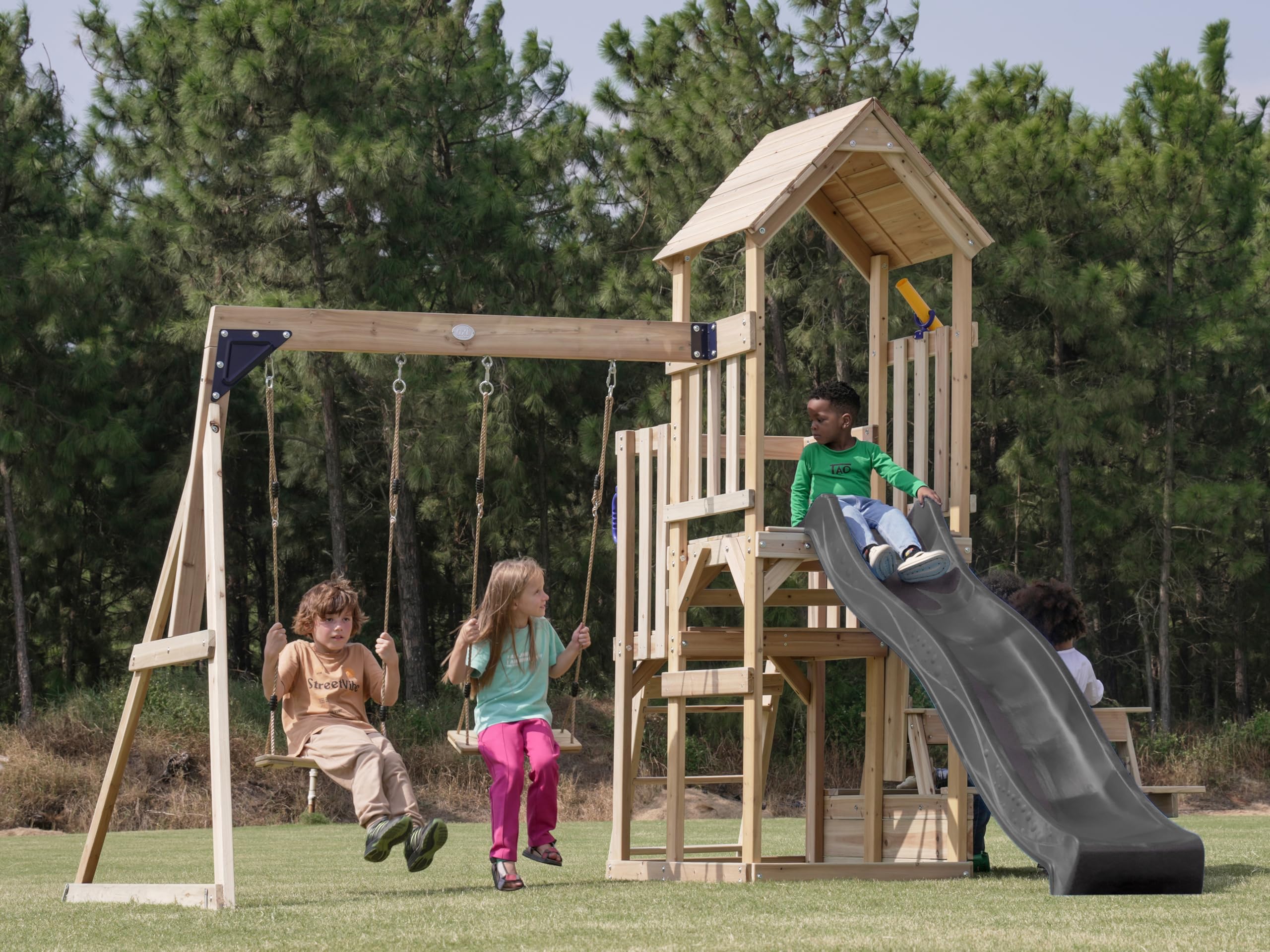 AXI Mette Aire De Jeux en Bois avec 2 Balançoires, Toboggan Gris, Table De Pique Nique/Aire De Jeux Extérieur avec Balançoires/Bac À Sable/Téléscope| Portique Balançoire/Jeux en Bois Extérieur