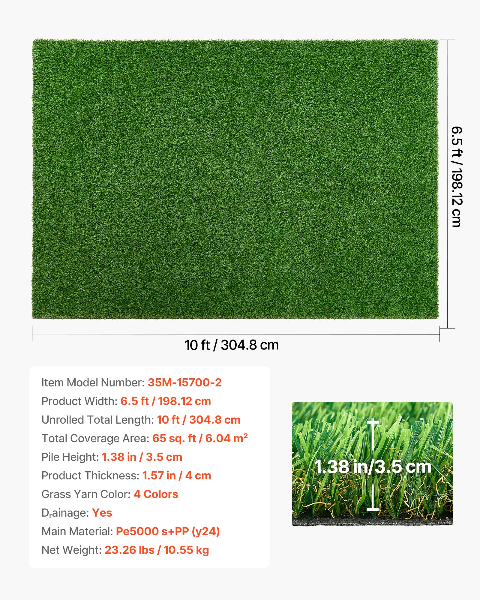 VEVOR Sztuczna trawa, dywan ze sztucznej trawy, 3 x 2 m, wysokość runa 3,51 cm, realistyczny syntetyczny dywan trawnikowy, mata rolkowa, łatwe czyszczenie, otwory drenażowe, na taras, do ogrodu, na