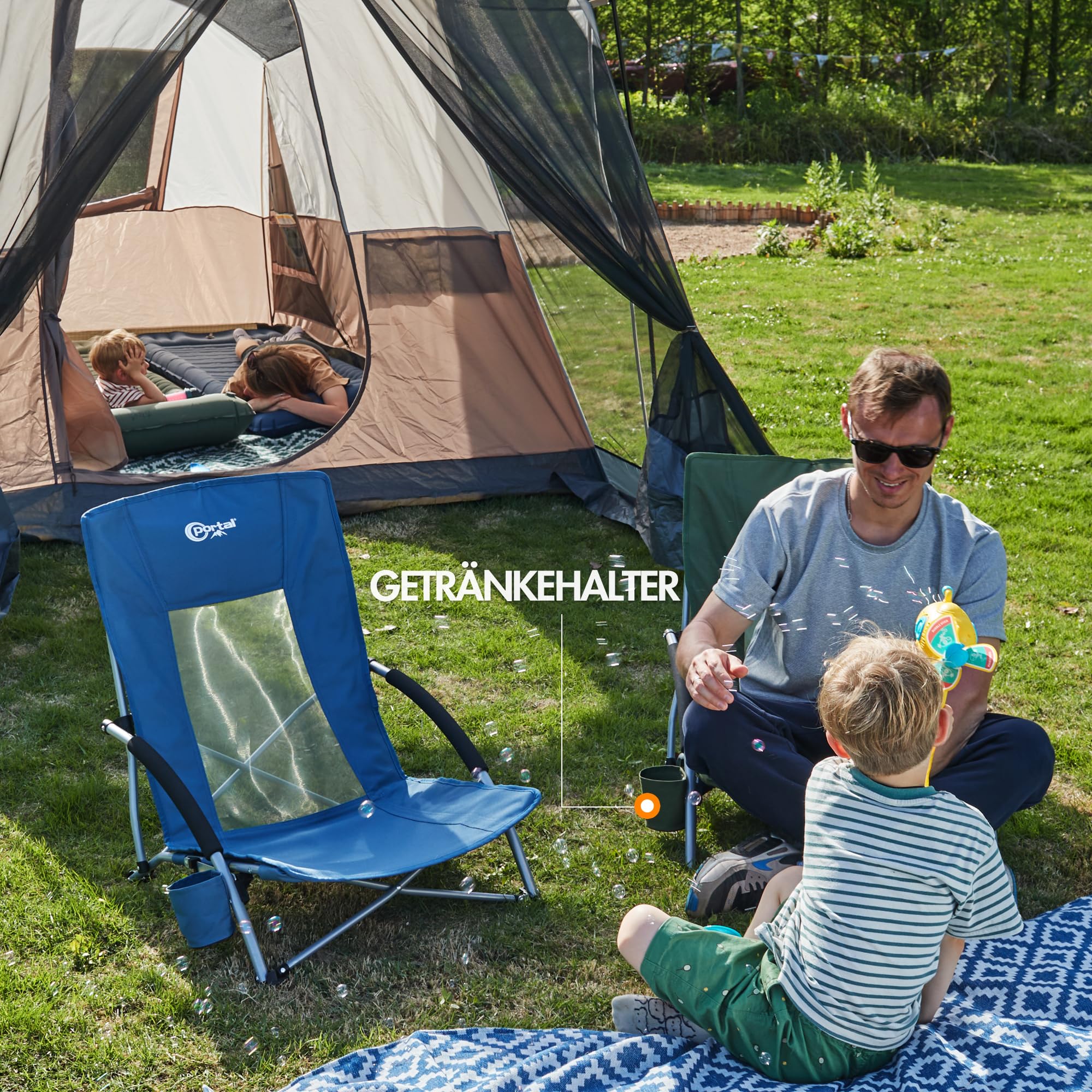 Portal Strandstühle für Erwachsene, 2 Stück, hohe Rückenlehne, niedrig, faltbar, Campingstuhl, tragbar, leicht, mit Getränkehalter, für Reisen, Konzert, Rasen, Festival, Unterstützung 180 kg
