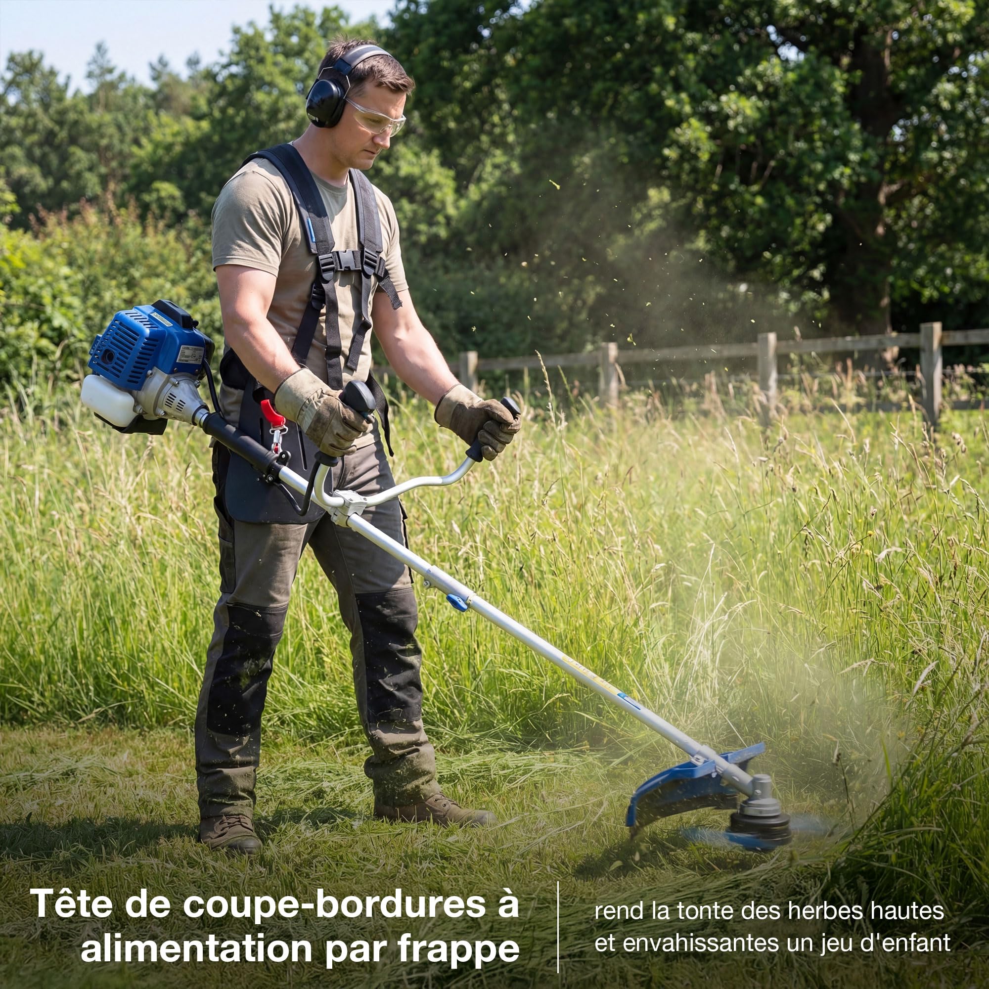 Hyundai Débroussailleuse et Coupe-Bordures Thermique 56 cm3 2-en-1, Lame Acier 3 Dents et Tête Nylon 43 cm, Arbre Divisible, Harnais Inclus, Garantie 3 Ans - HYBC5600X