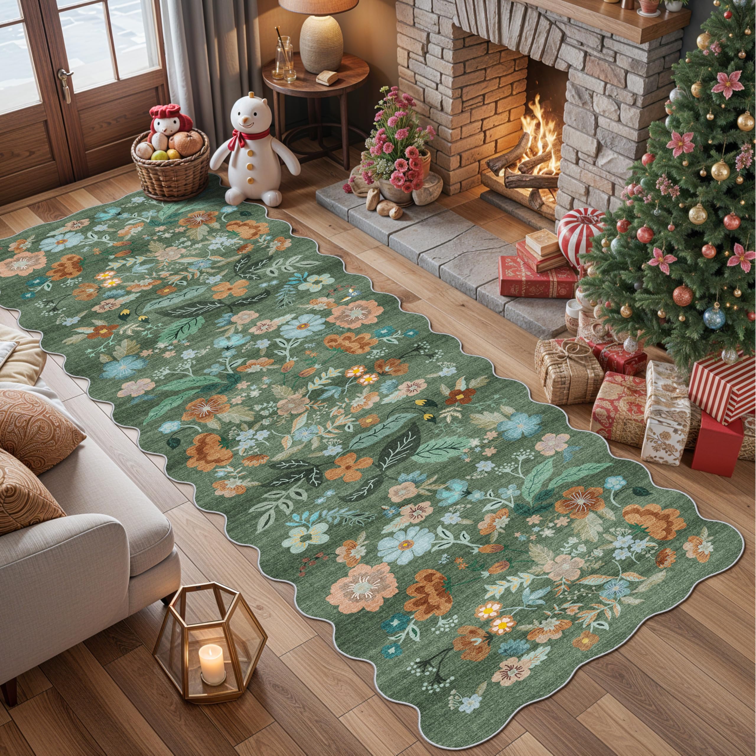 Washable 3x10 Hallway Runner Rug: Floral Scalloped Soft Runners for Entryway Kitchen Nursery Non Slip Bathroom Floor Mat Water Resistant Light Weight Carpet for Living Room Bedroom (3x10 Floral/Green)