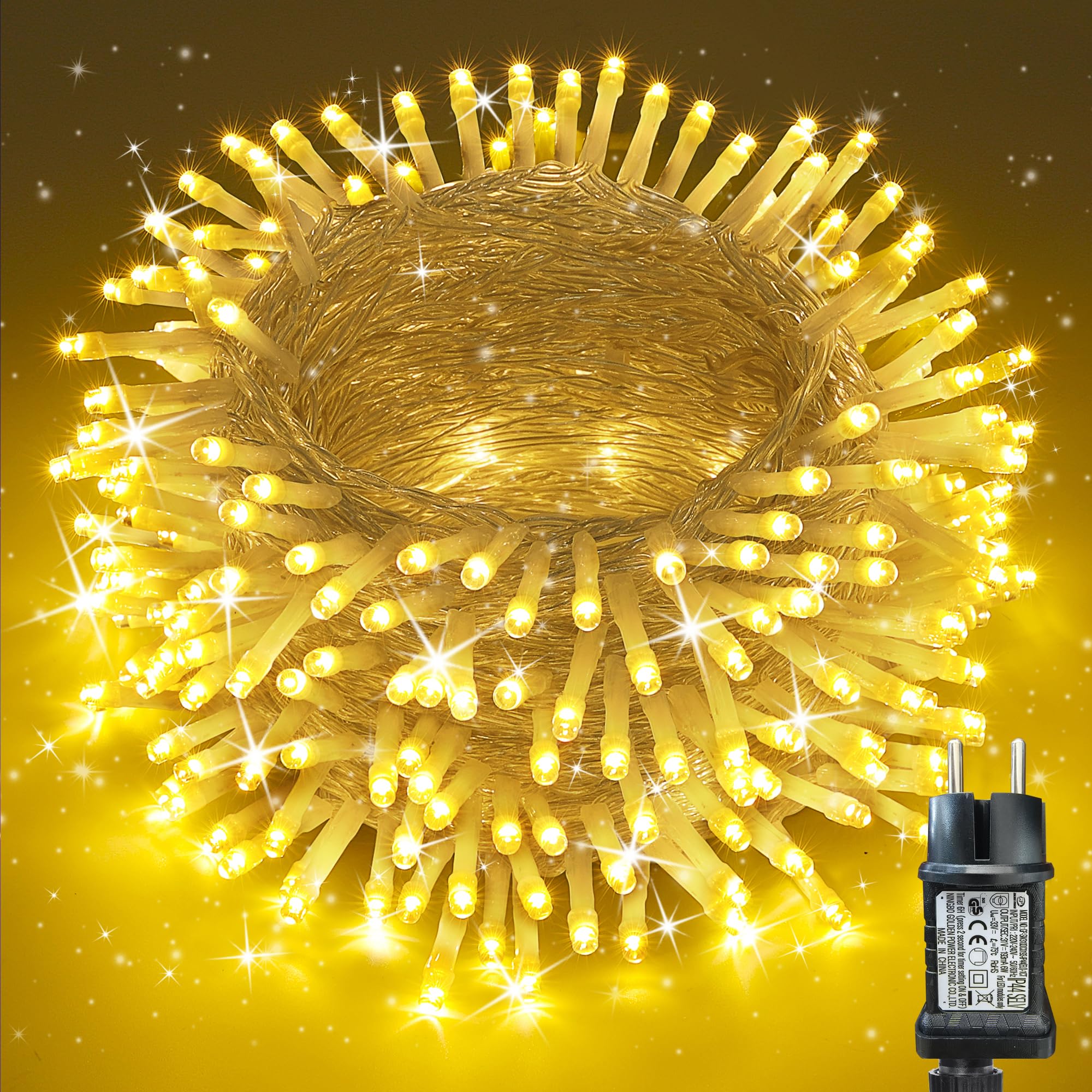 Moxled Lichterkette Außen 35m 350LED, Warmweiß Lichterkette Außen Strom mit Timer Speicherfunktion, Transparente Kabel, Wasserdicht 8 Modi Weihnachtsbeleuchtung für Außen Innen Garten Baum Weihnachten