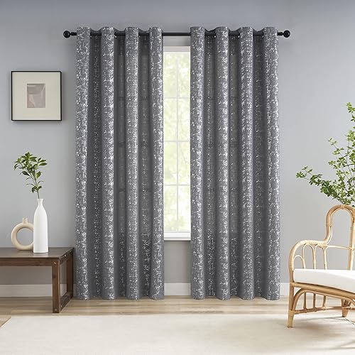 Taisier Home Cortinas metálicas suaves con bloqueo de luz gris para sala de estar, estampado de puntos plateados, cortinas geométricas plateadas de