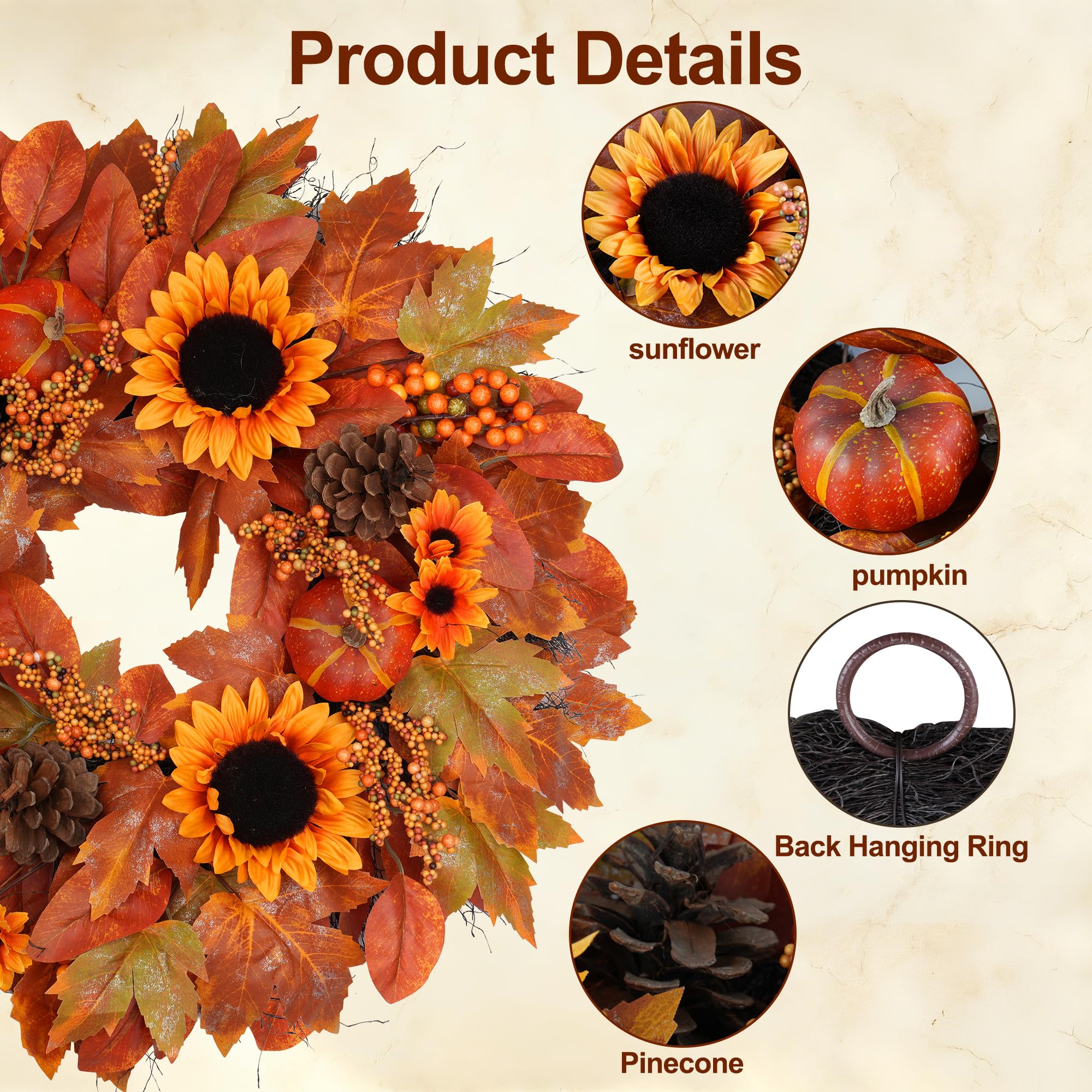 Couronne d'automne de tournesols de 61 cm pour porte d'entrée