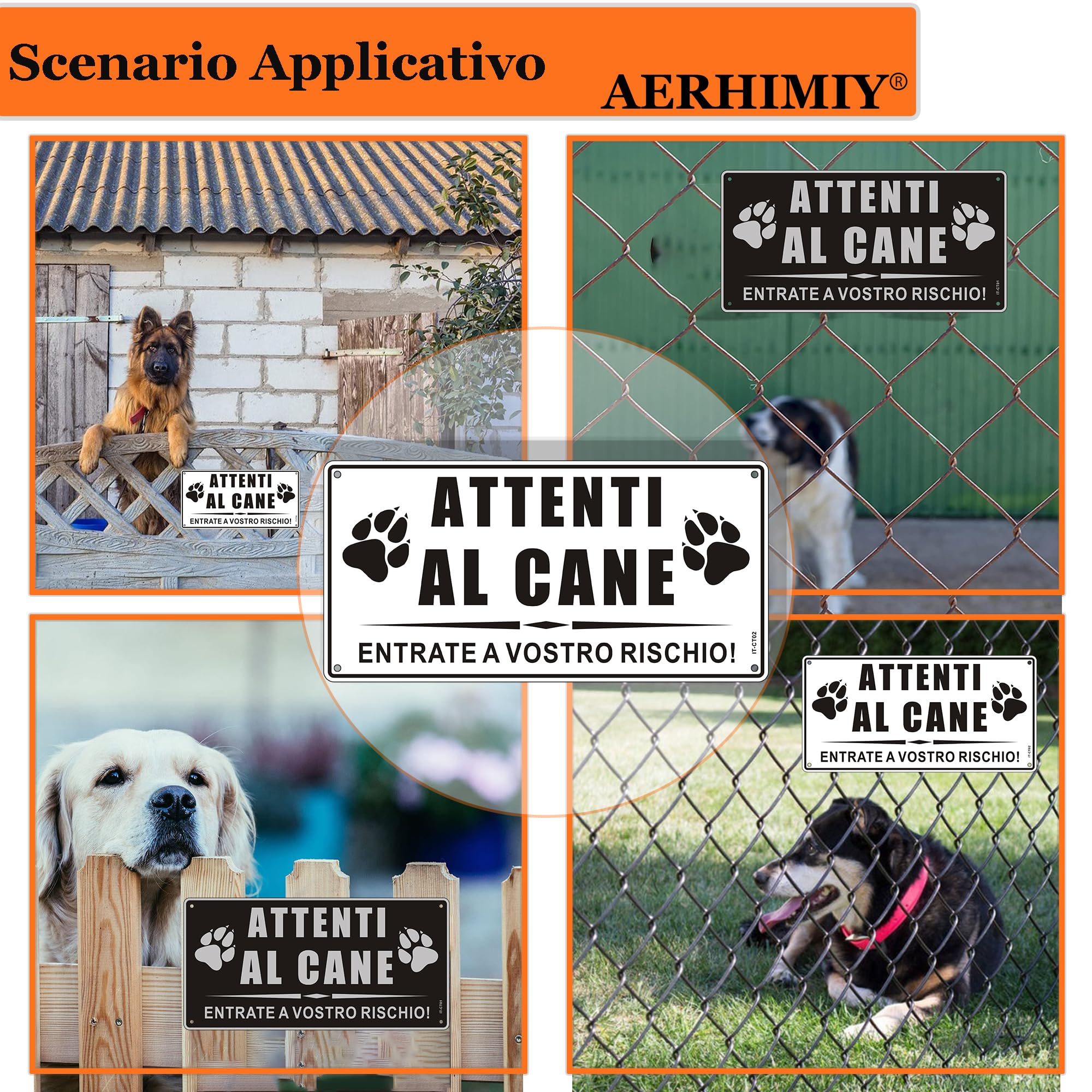 Cartello Attenti Al Cane Alluminio Riflettente 15x30cm, Attenti al Cane Metallo, Protezione UV, Impermeabile, Con Fori, Bianco