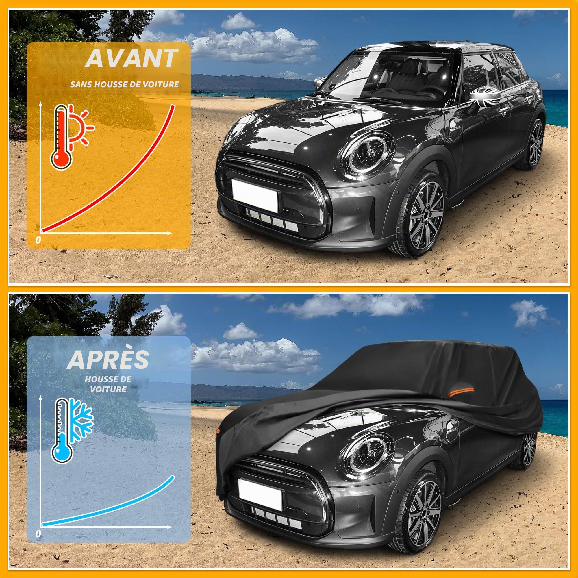 Housse Étanche Toutes Saisons pour Mini Cooper 4 Portes 1PC | Matériau 190T-PU, Dimensions 410x175x135cm, Extérieur, Étanche, Anti-UV, Bandes Réfléchissantes, Toutes Saisons