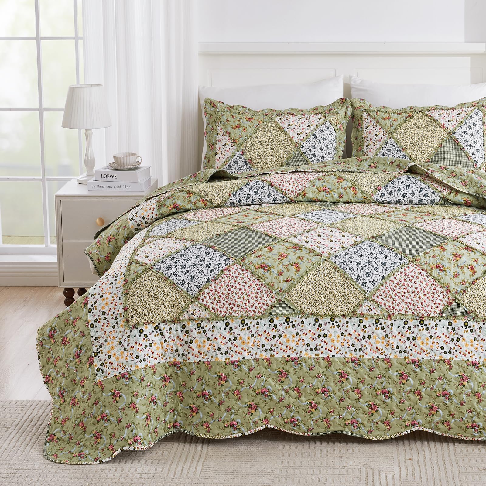 DECMAY Copriletto Matrimoniale 220x240 cm Verde Patchwork, Copriletto Trapuntato in Microfibra con Motivo a Fiori, Coperta Divano, 3 Pezzi con 2 Federe 50x75 cm