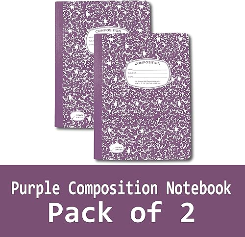 Miniatura 2 de AUKSales Cuaderno de composición con rayas anchas, paquete de 2, 9-34 x 7-12 pulgadas, 100 hojas, cuaderno escolar de mármol morado, cuadernos de