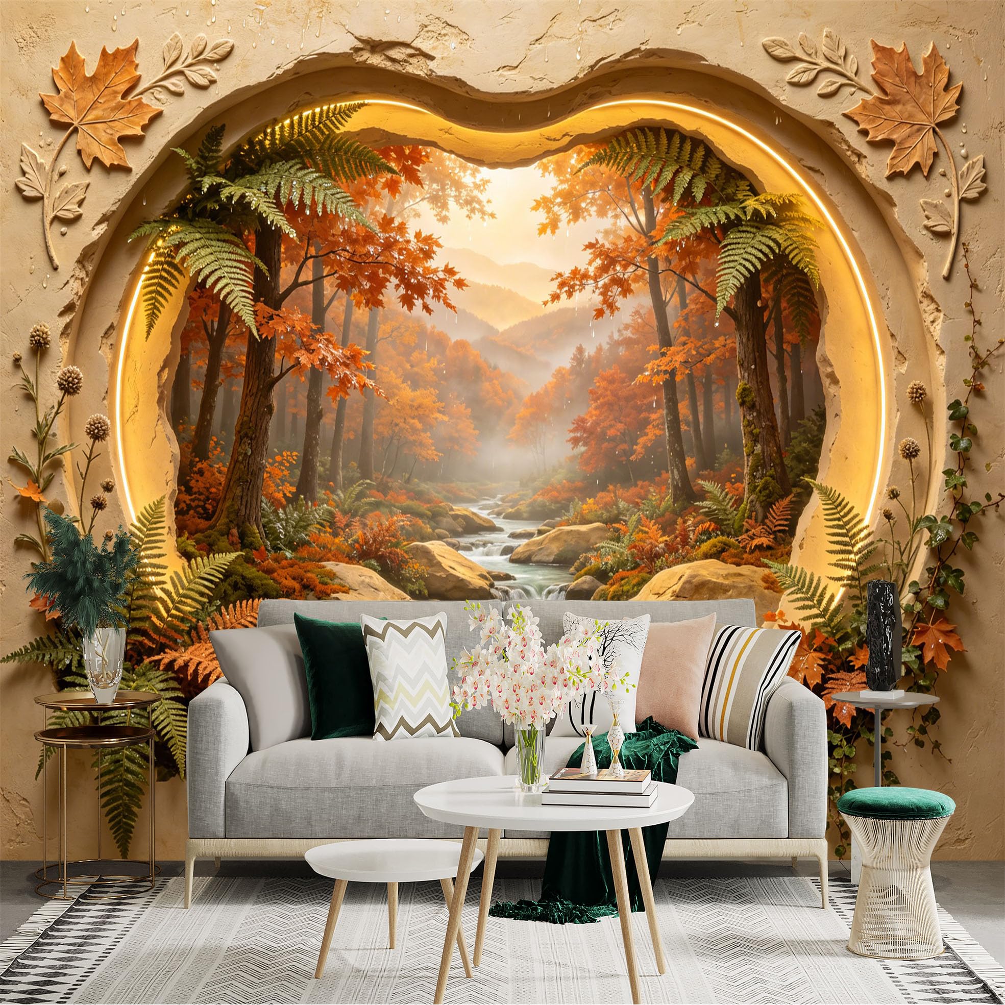 Custom Size Wall Sticker Mural， Autumn Forest with River， Mountains and Golden Leaves， for wall Decoration， peelandstick wall Decals.