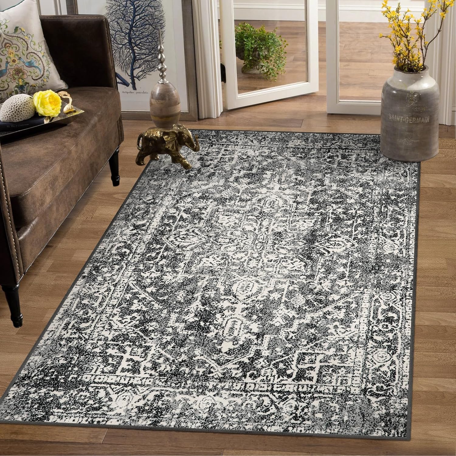 Morebes Boho Black 4x6 Rug for Living Room, Machine Washable Area Rug for Bedroom Non Slip, Medallion Vintage Stain-Resistant Soft Low Pile Indoor Carpet for Office Kitchen Entryway 4' x 6' Black/White