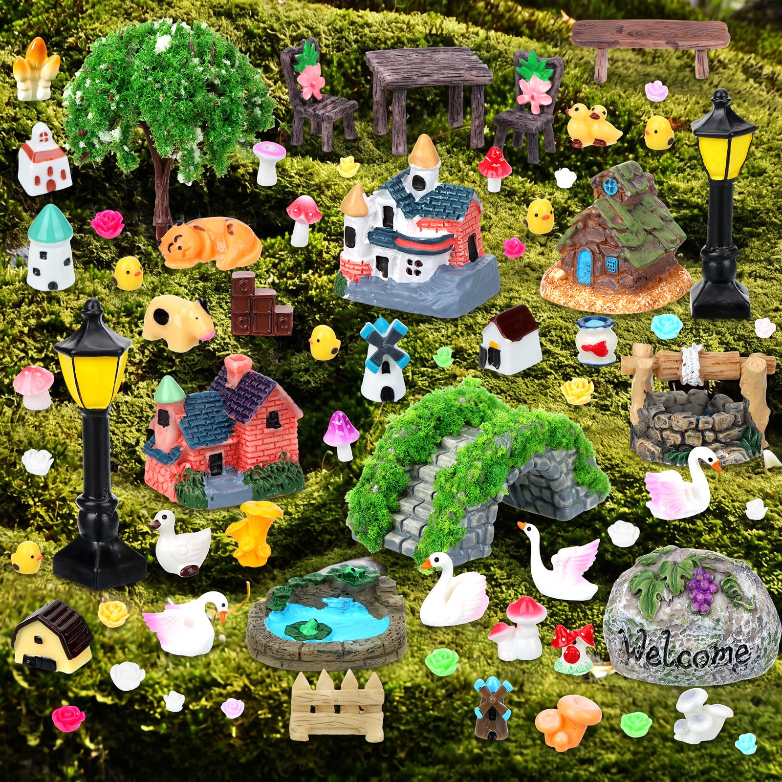 67 Pcs Mini Fairy Garden Accessories Kit Enchanted Miniature House Bridge
