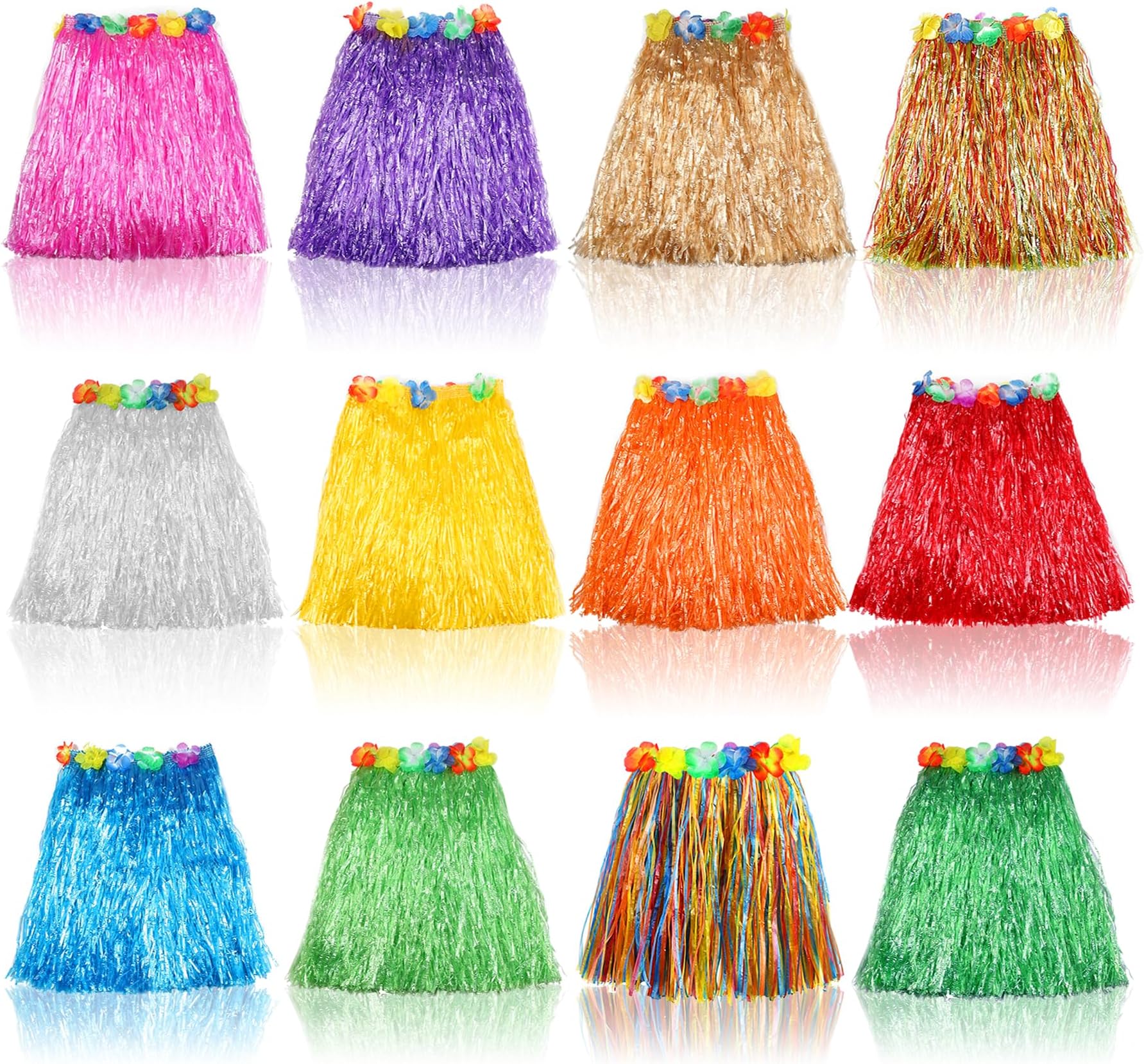 Hajoyful Grass Skirt Hawaiian Luau Hula Skirts Party Decorations Favors Supplies Grass Skirts for Kids Elastic Hibiscus Flowers Tropical Hula Skirt for Party, Birthday, Celebration 12Pack,