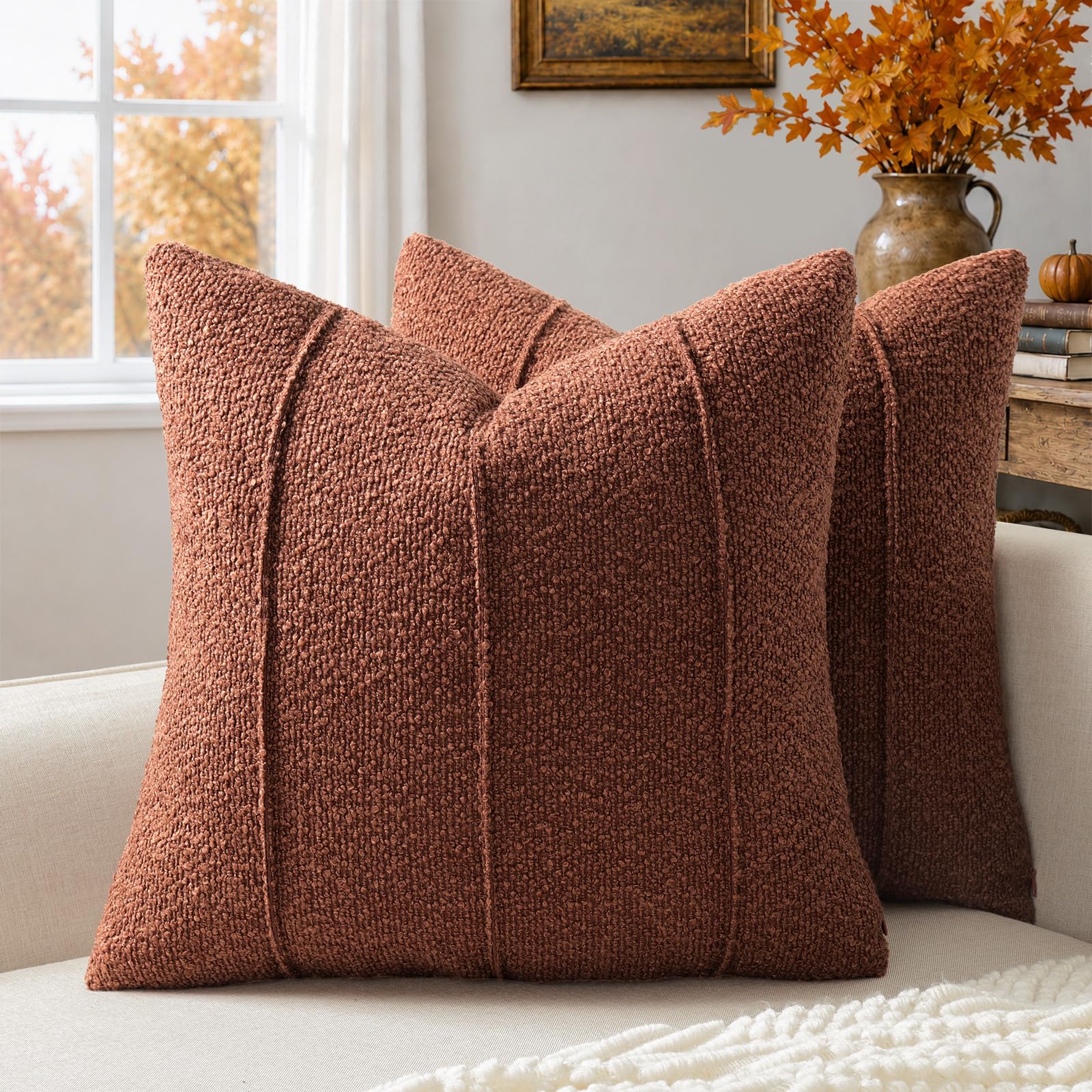 YCOLL Textured Bouclé Cushion Covers 40x40 Pack of 2 – Soft Rust Decorative Cushions for Sofa, Bed & Living Room, Modern Home Décor, Comfortable & Luxurious Accent with Neutral Stripes