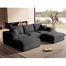 Living&Giving 115" Modular Cloud Boneless Couch, U Shaped Sectional Sofa with Chaise, Corduroy Floor Couch for Living Room, High-Density Foam & Firm Lumbar Support for Apartment, Black
