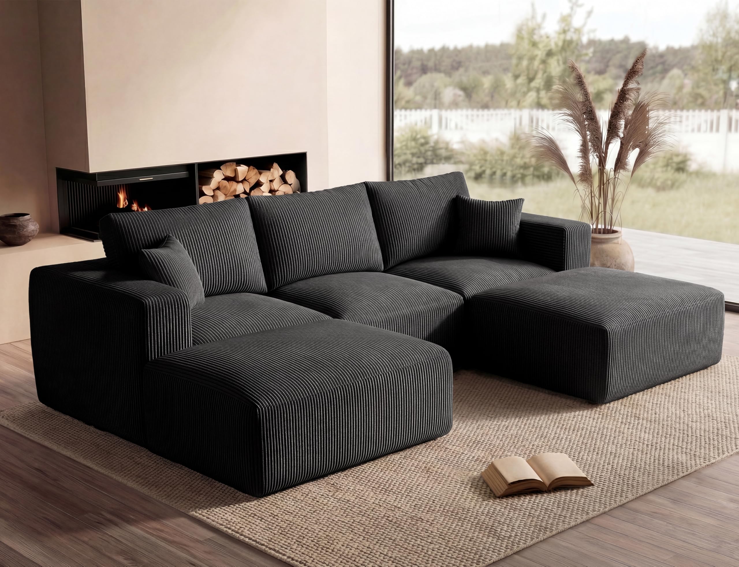 Living&Giving（WALKBON） 115" Modular Sectional Sofa, U Shaped Cloud Boneless Couch Black