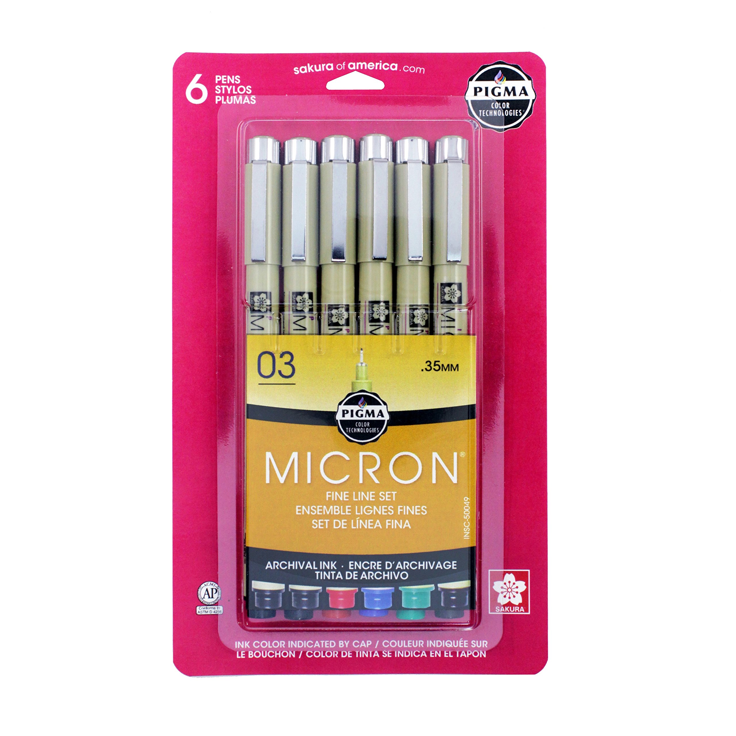 SAKURA Pigma Micron Fineliner Pens - Archival Black and Colored Ink Pens - Pens for Writing, Drawing, or Journaling - Black and Colored Ink - 03 Point Size - 6 Pack