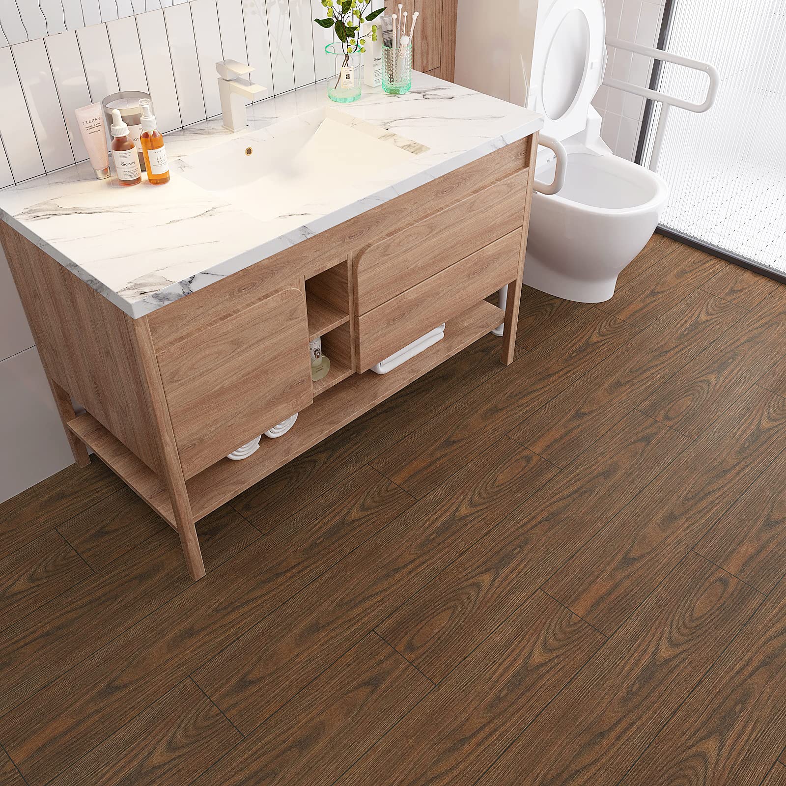 VEELIKE Suelo Vinilo Efecto Madera Marron Vintage Suelo Vinilo Autoadhesivo Baño Vinilos Cocina Azulejos Impermeable Papel Adhesivo Suelo Baldosas Adhesivas Suelo Habitación 90cm×15cm 36 Piezas