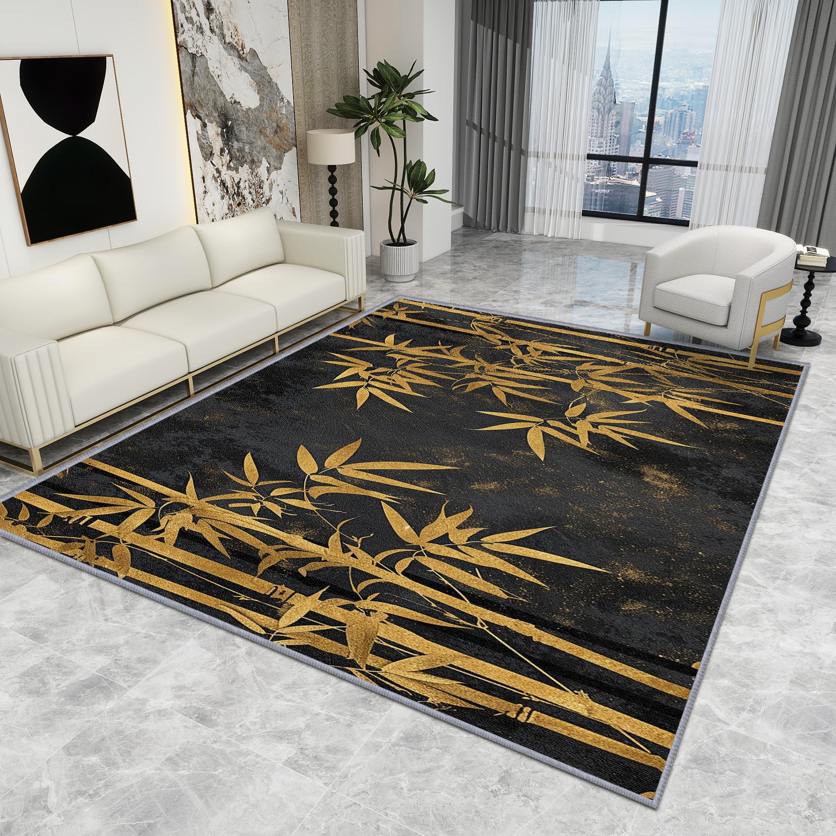 Bamboo Rugs for Living Room - Bamboo Rug - Japanese Zen Asian Oriental Rugs, Black and Gold Carpet, Washable Rug Non Slip Low Pile Soft Large Area Rugs, Bamboo Home Decor Gifts, 120 X 170 cm