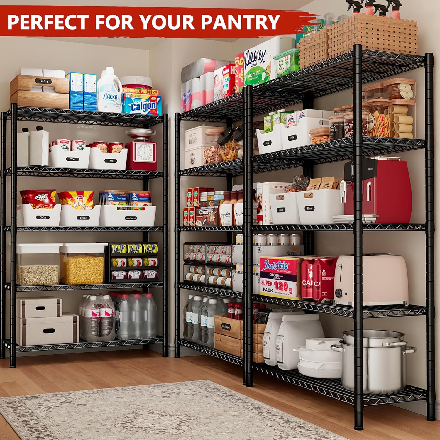 REIBII Storage Shelves Load 1980LBS,5 Tier Metal Shelving Unit with Wheels,Adjustable Garage Shelving Wire Shelves Commercial Shelf for Garage Pantry Kitchen,76''HX36''WX16''D Black - Image 7