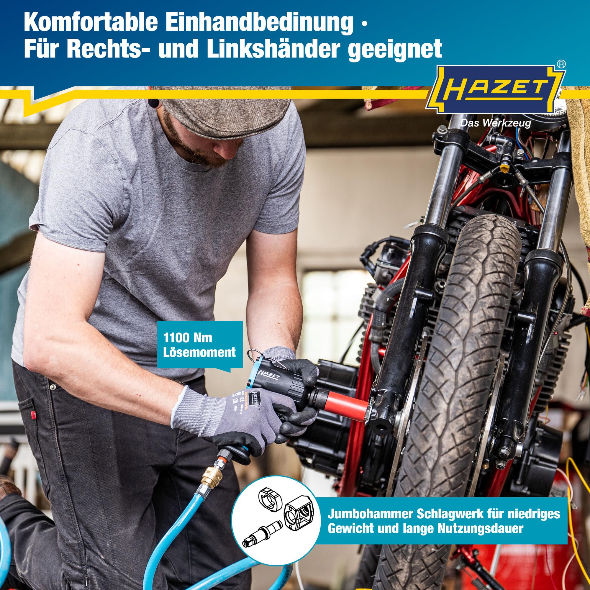Hazet Druckluft-Schlagschrauber 9012M I Max. Lösemoment 1100 Nm, Vierkant 12,5 mm (1/2 Zoll) I vibrationsarm - Werkzeug zum Anziehen und Lösen von Schrauben
