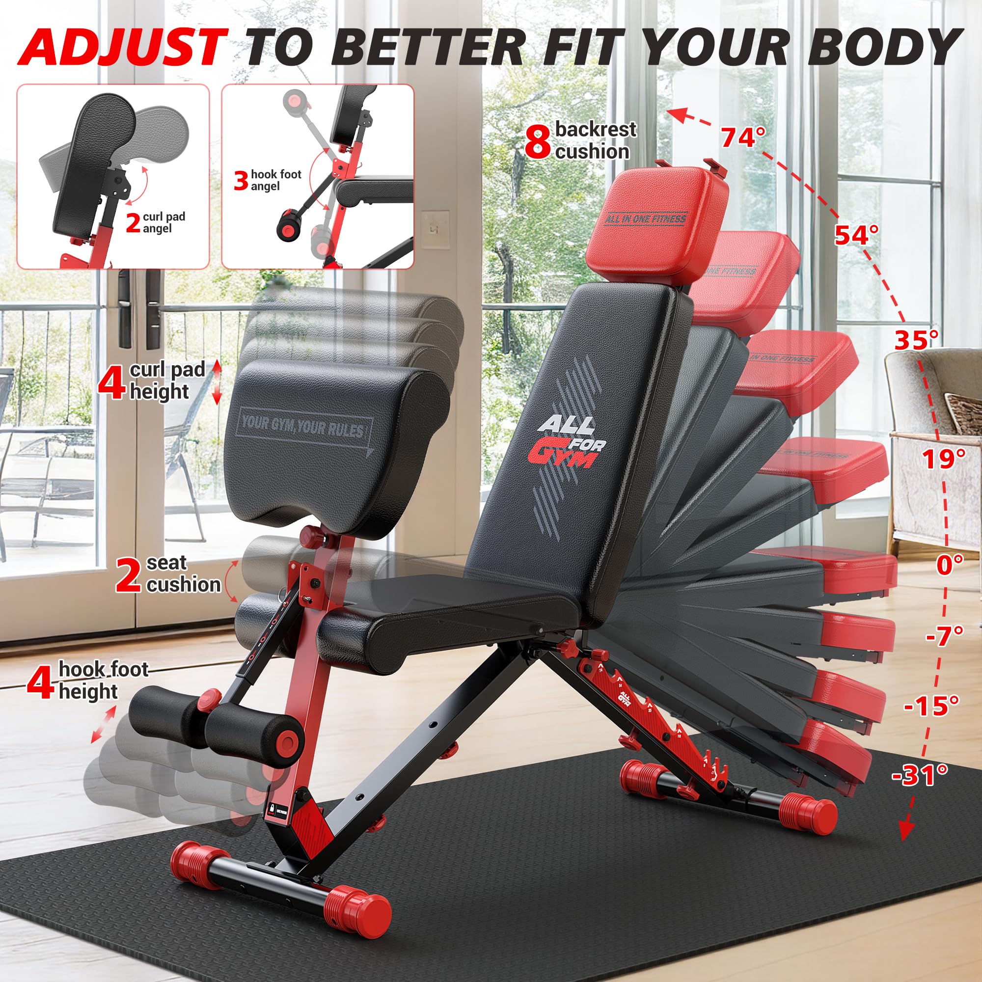 Workout Bench, Foldable Weight Bench with Variable Resistance Training Set, 880LBS Adjustable Bench with Leg Extension, Preacher Curl, Extended Headrest, Incline Decline Flat Bench for Strength Training