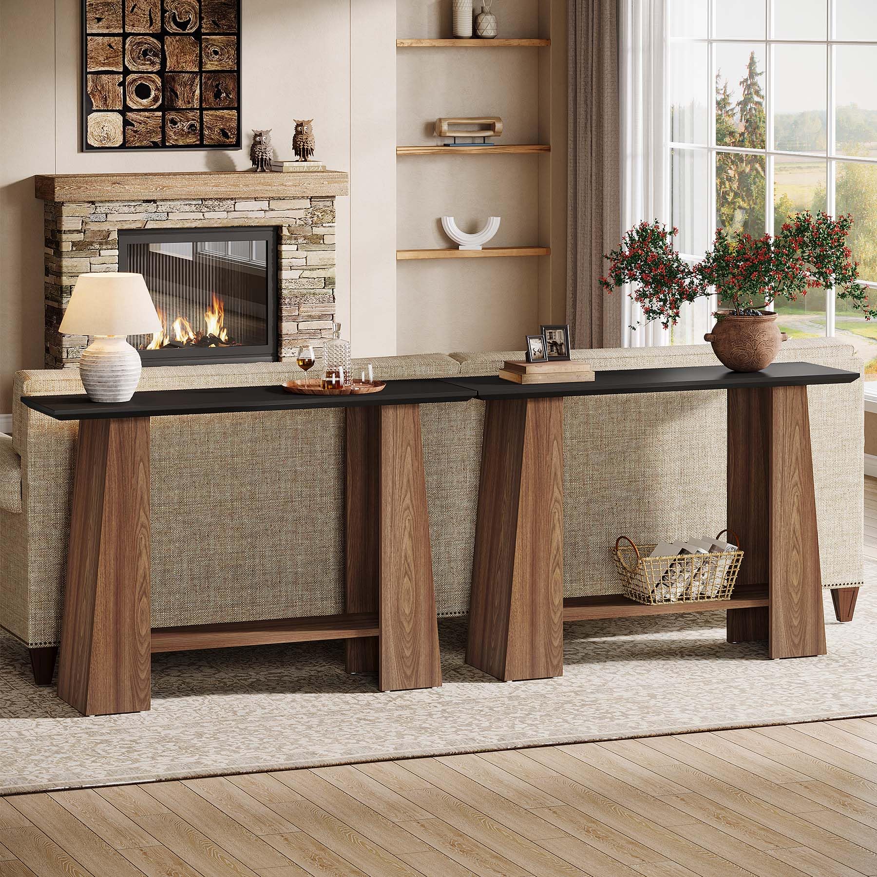 Tribesigns Mid-Century - Tavolino consolle sottile con 2 ripiani, 120 cm, moderno, in legno, per corridoio, dietro il divano, per soggiorno, corridoio, ingresso, piccoli spazi, nero e noce