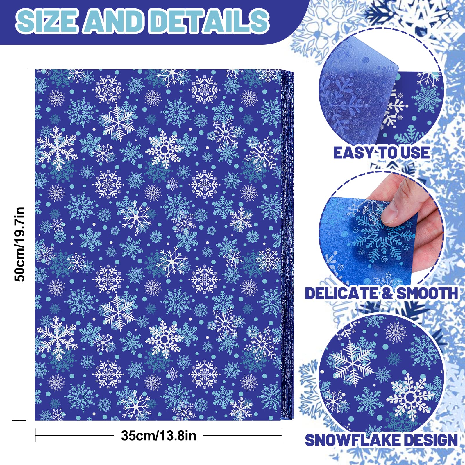 Papel De Regalo De Navidad Con Copos De Nieve - 6 Diseños En Azul, Blanco Y Morado (50x70 Cm)