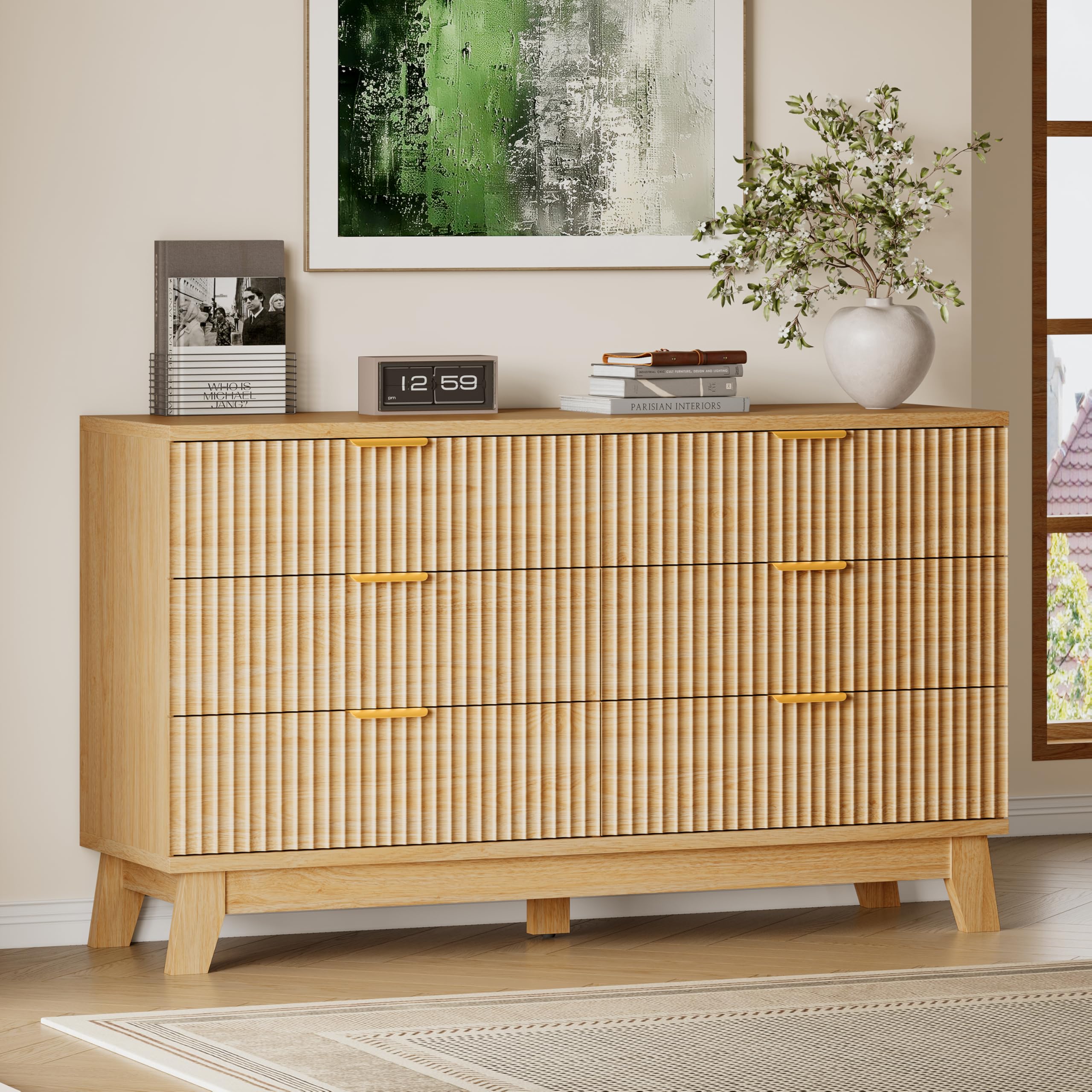 BORNOON 53" Long Dresser for Bedroom, 6-Drawer Dresser with Fluted Fronts, Wide Wood Chest of Drawers, Smooth Metal Slides, Stable Base, Modern Clothes Storage Cabinet for Living Room, Hallway