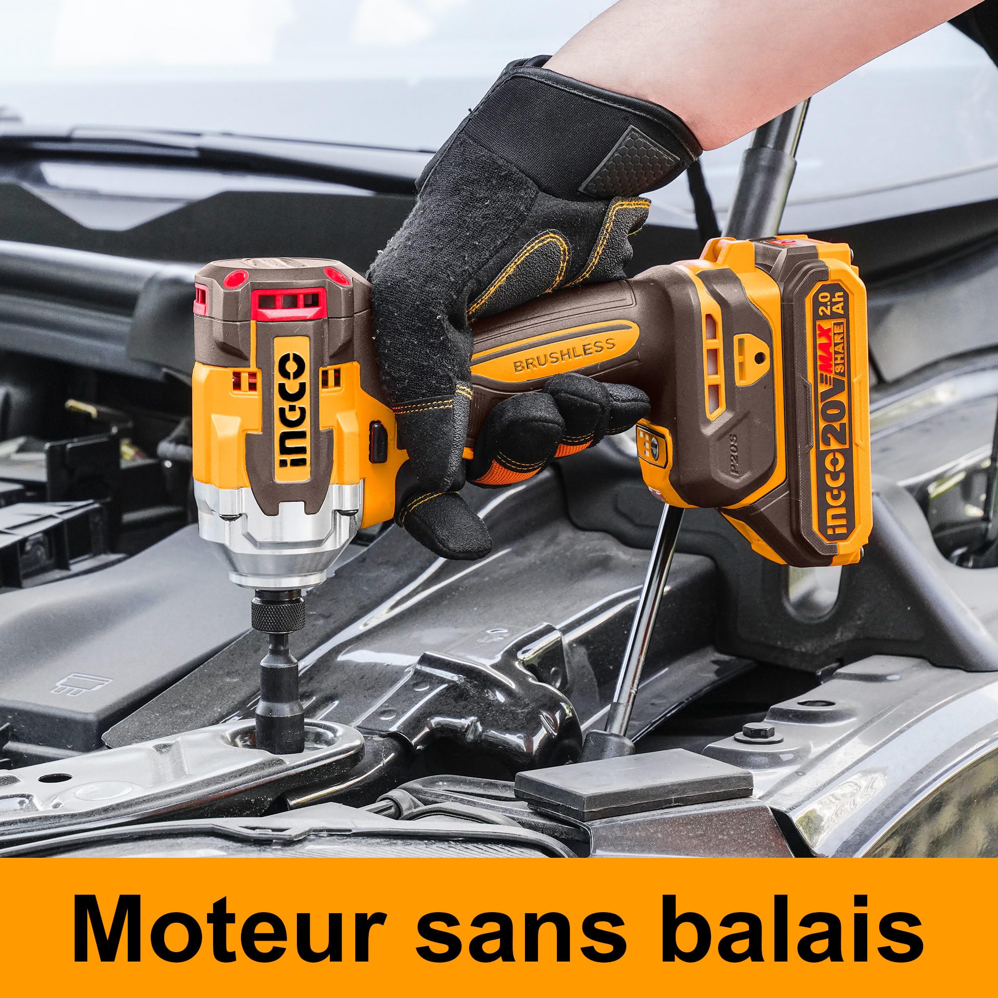 INGCO Visseuse à Chocs Sans Fil 20V, Moteur Sans Balais, 2600 tr/min, 285NM, 3 Vitesse Variable, Lumière de Travail LED avec 2 Batteries 2,0 Ah et 1 Chargeur CIRLI2028