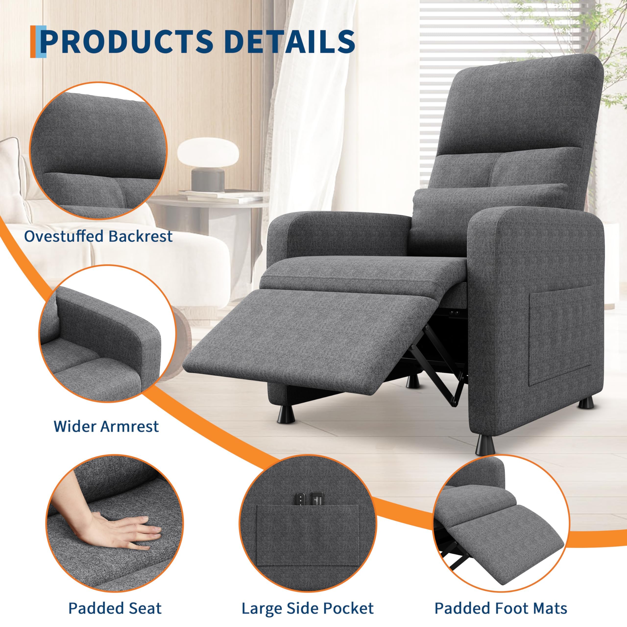 Sillón Eléctrico Reclinable con Masaje y Calor, Asiento de Lino con Mando, Respaldo y Reposapiés Ajustables 165°, Puerto USB, Soporte Lumbar para Salón
