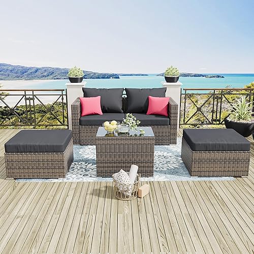 5 Pieces Outdoor Patio Sectional Furniture Set with Ottomans, Wicker Patio Furniture Conversation Sets Sofa for Backyard Garden Balcony Poolside,Waterproof, rain Cover