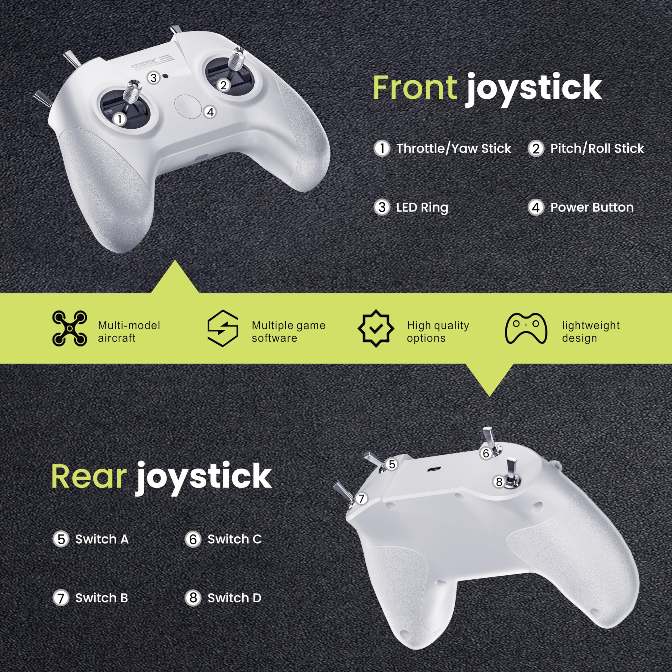 STARTRC S8 Simulateur de Vol pour Drone RC-Télécommande 8 Canaux FPV, Compatible avec les Systèmes/Plateformes Populaires - Entraînement Idéal pour Débutants et Pilotes Professionnels(Mode 2) (Blanc)