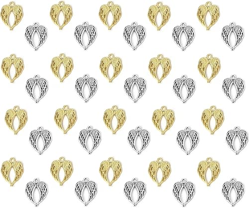 JGFinds Dije de alas de ángel, paquete de 100 (50 plateadas, 50 en tono dorado) suministros para hacer joyas, pequeñas alas de metal de 7/8 pulgadas