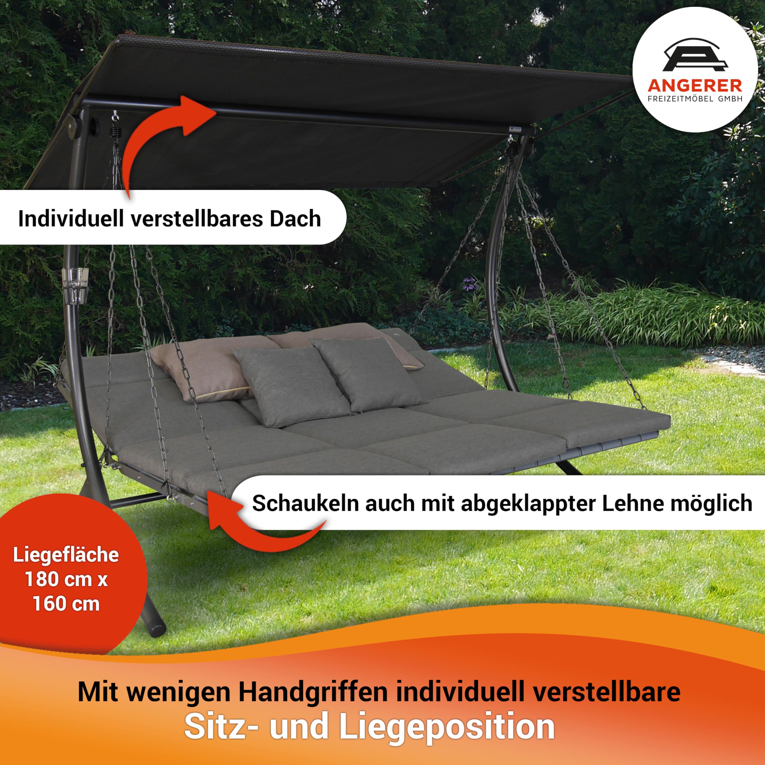 ANGERER Hollywoodschaukel Luxus Smart hellgrau | Gartenschaukel Made in Germany, Schaukel zum Sitzen, Liegen und Entspannen, inklusive Bett-Funktion, einfache Montage