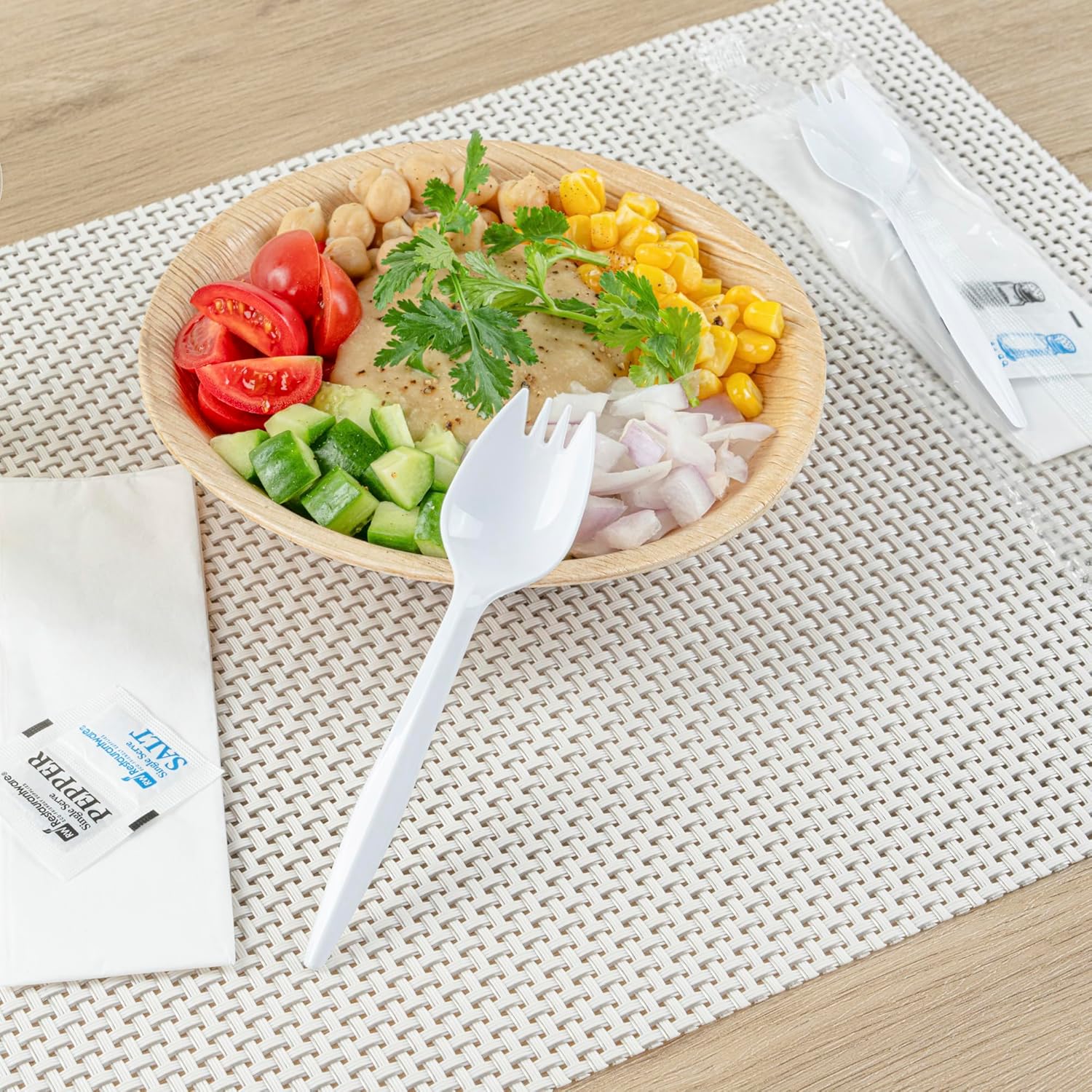 Restaurantware Plastic Spork Kit 500 Count 5.3 Inch Medium Weight Black Utensil Set Individually Wrapped Spork Disposable Cutlery Set With Napkin Compact Dining Kit White