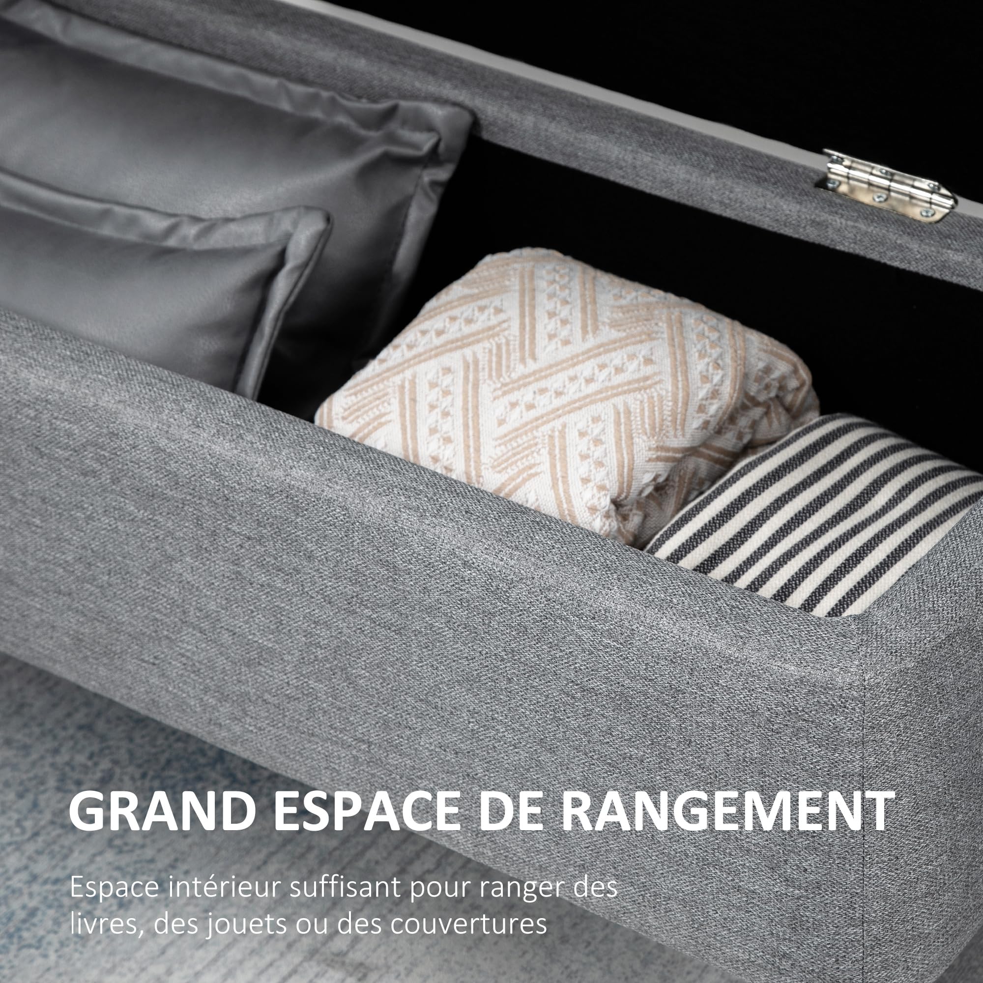 HOMCOM Banc de Rangement Bout de Lit en Tissu 101 x 38,5 x 44,5 cm Gris | Coffre de Rangement, Pieds en Acier Noir