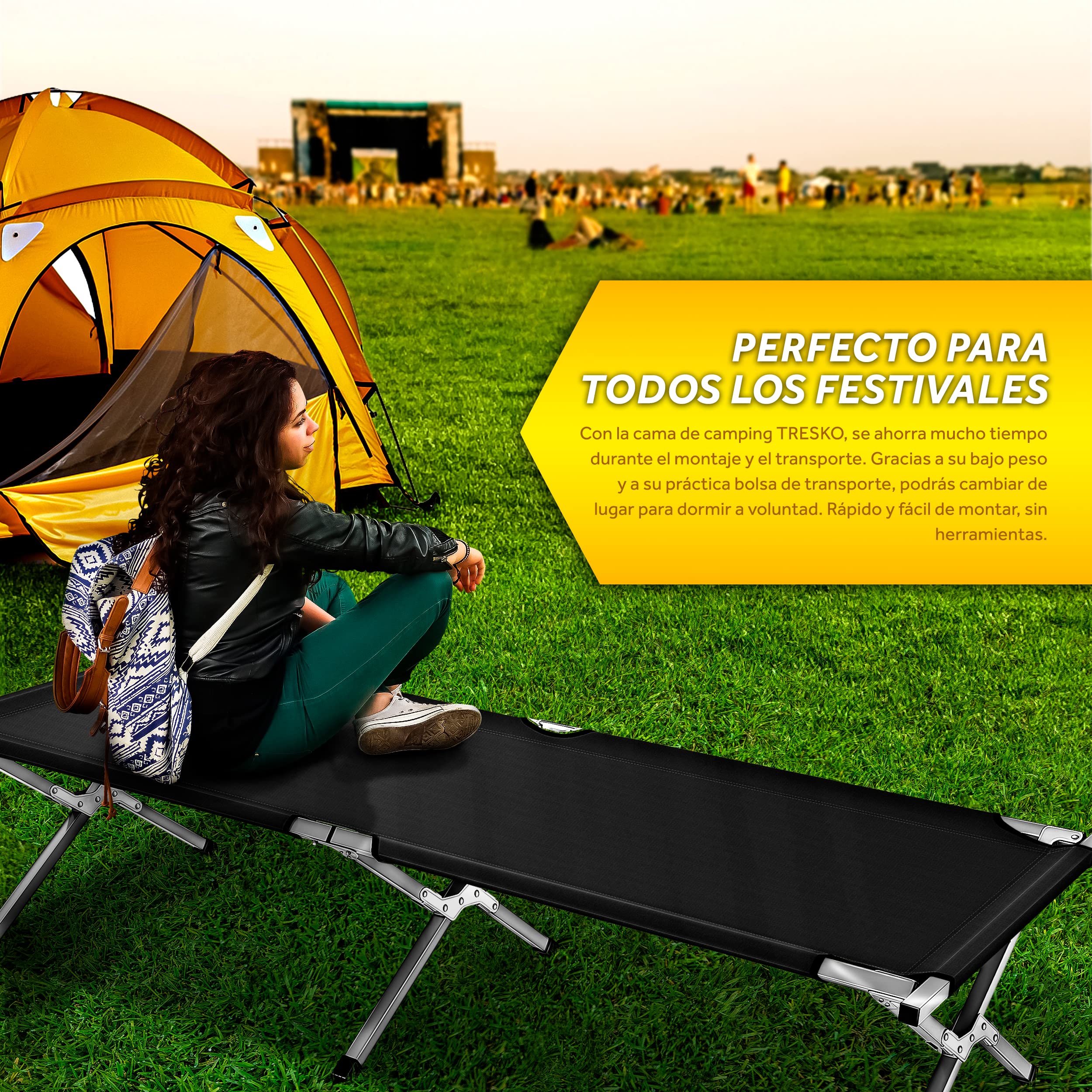 TRESKO Cama Plegable de Camping XL | Camilla para Acampar | catre portátil para Invitados | Tumbona para Exterior e Interior | soporta hasta 150 kg, Bolsa de Transporte