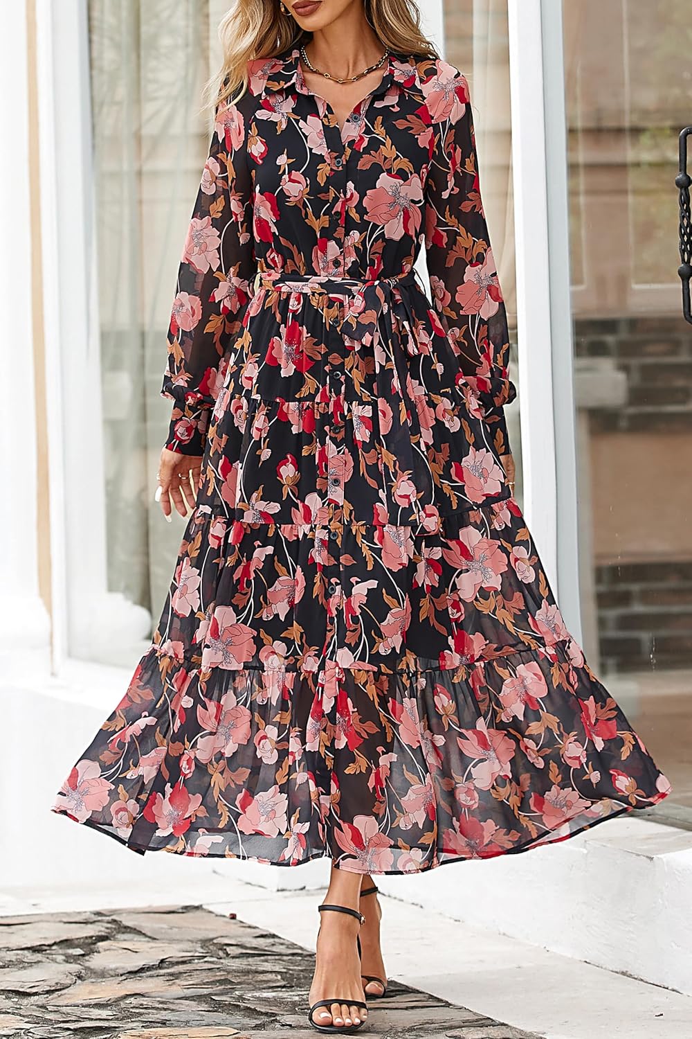 PRETTYGARDEN Womens Spring Dress 2026 Casual Long Sleeve Button Down Belted Boho Floral Flowy Maxi Wedding Guest Dresses - Image 3