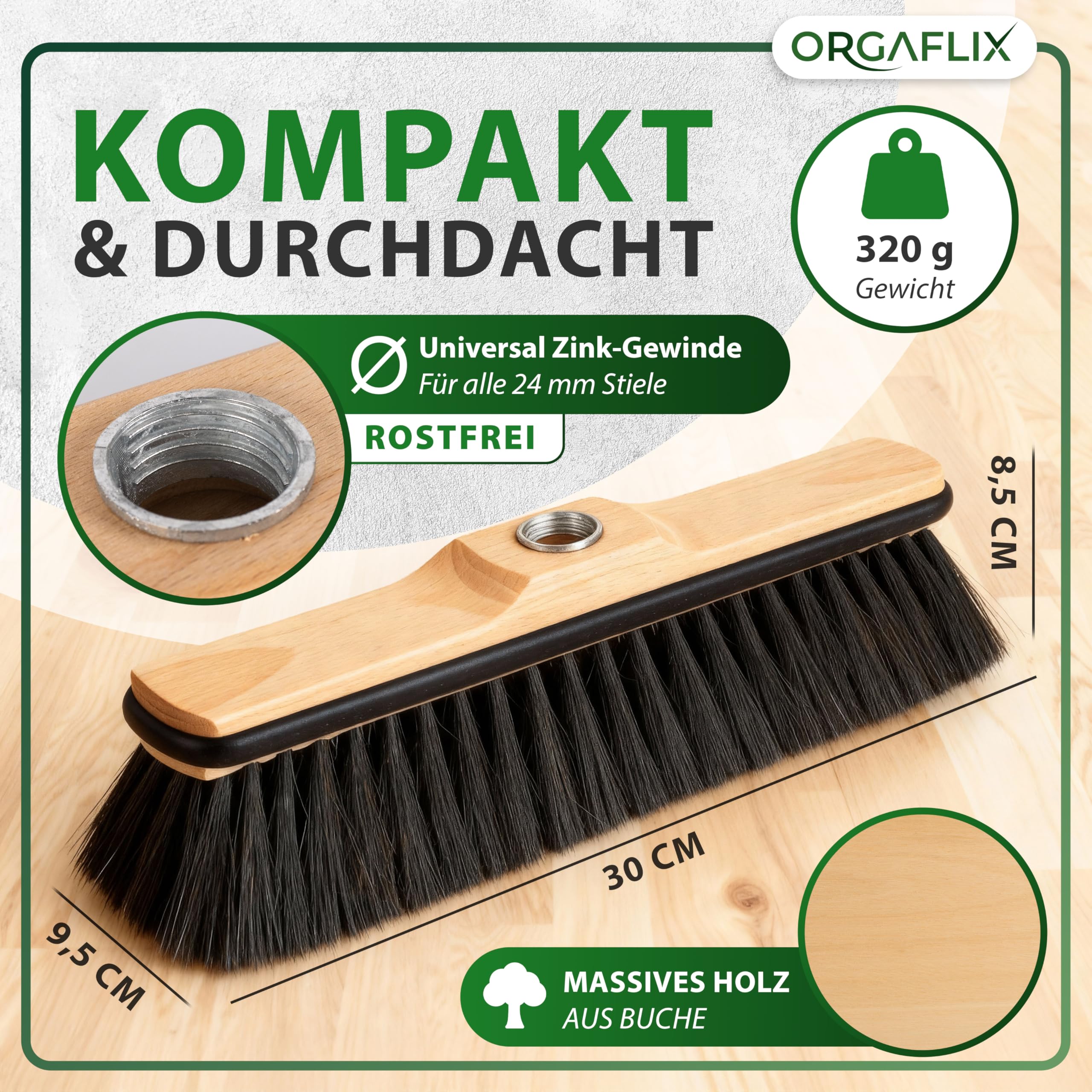 ORGAFLIX Scopa Premium con manico, scopa con protezione dei bordi per casa e cucina, testa della scopa da 28 cm con miscela di capelli di cavallo, filettatura antiruggine da 24 mm, scopa prodotta in
