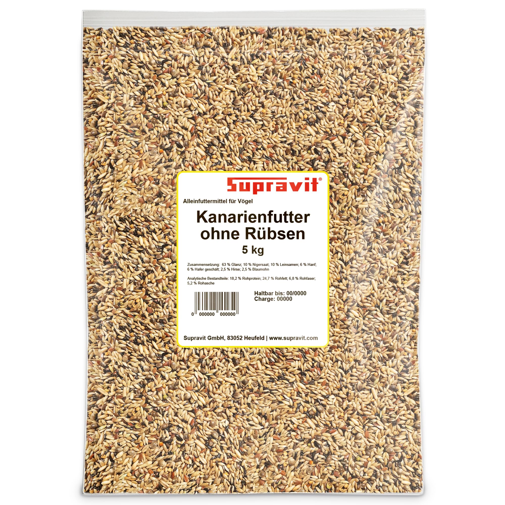 Supravit Kanarienfutter ohne Rübsen 5kg | Vogelfutter für Kanarienvögel Aller Arten | Für Waterslager, Harzkanarien und mehr | Ganzjahres-Futter für Kanarien Vögel