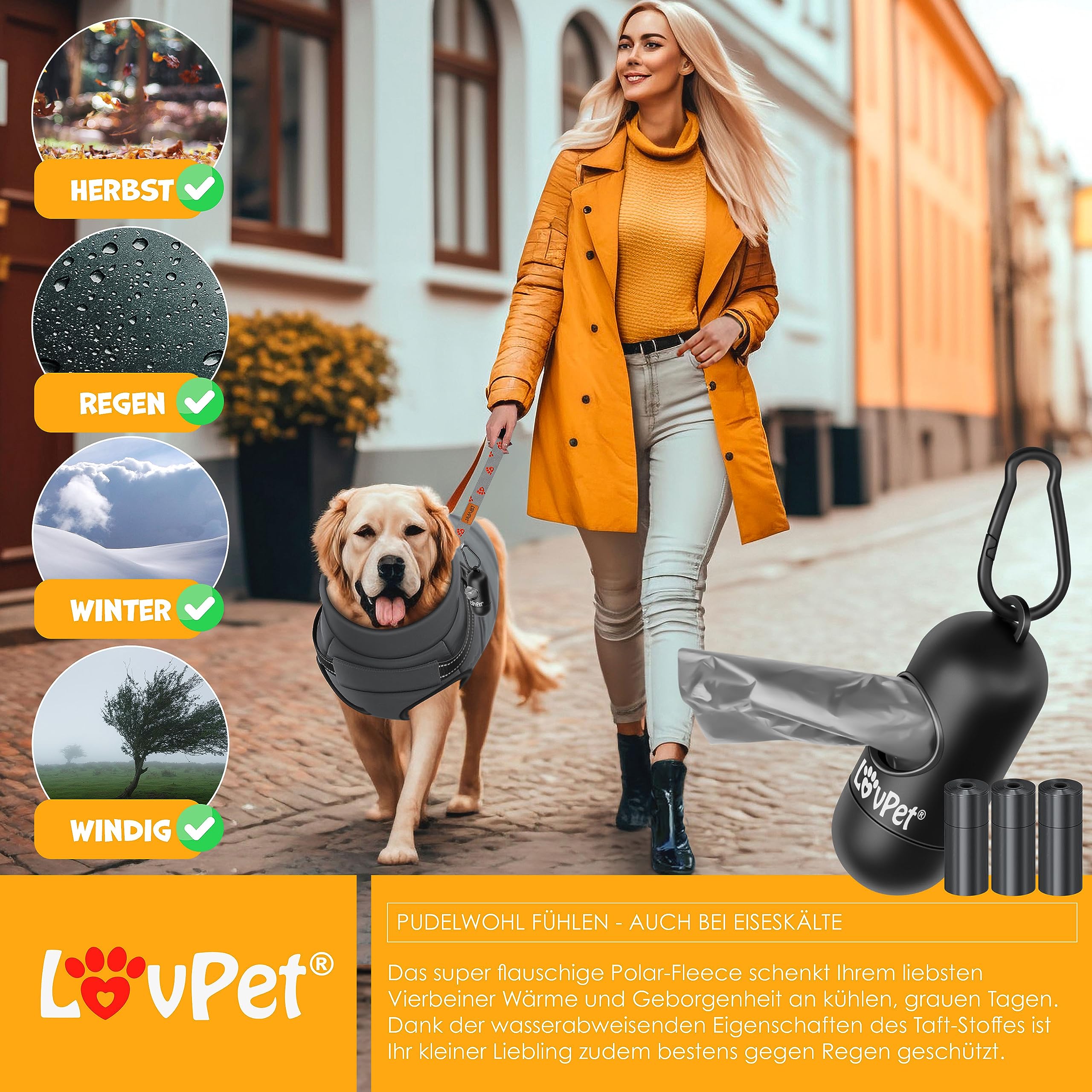 LOVPET® Hundejacke Hundemantel mit Geschirr, inkl. 45 Stück Kotbeutel + Spender, Hunde Winterweste gefüttert wasserdicht, Gepolsterte Weste Mit Brustgurt, Reflektoren, D-Ring 5XL, Anthrazit