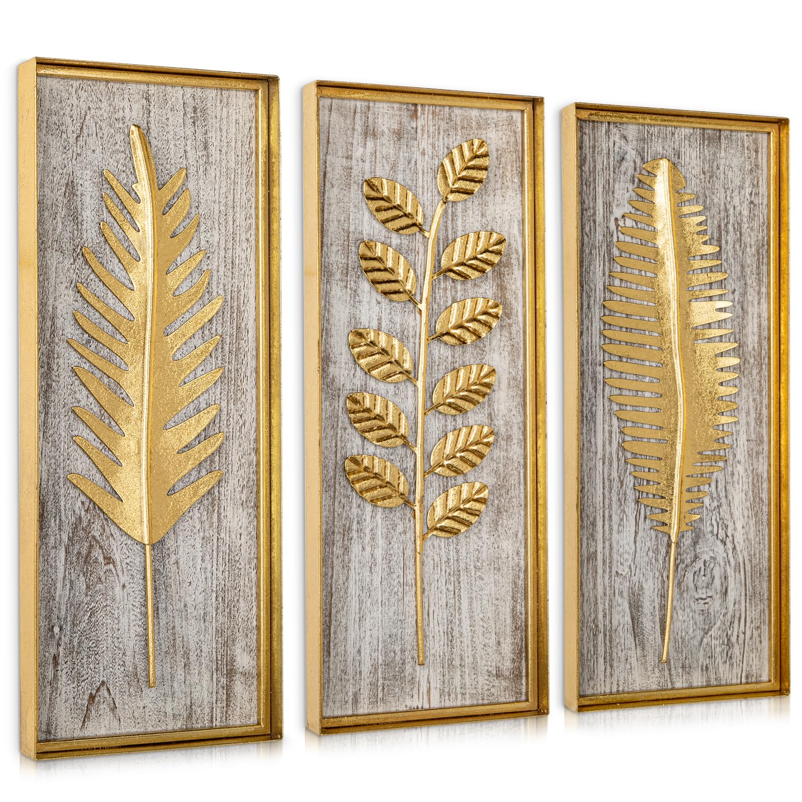 Briful Metall Wanddeko 3er Set – Goldene Blätter auf Holzoptik, 40x16 cm – Modernes Wandbild aus Holz & Metall – Wohn- & Schlafzimmer Deko, Boho Vintage Stil, Wandkunst mit Naturmotiv