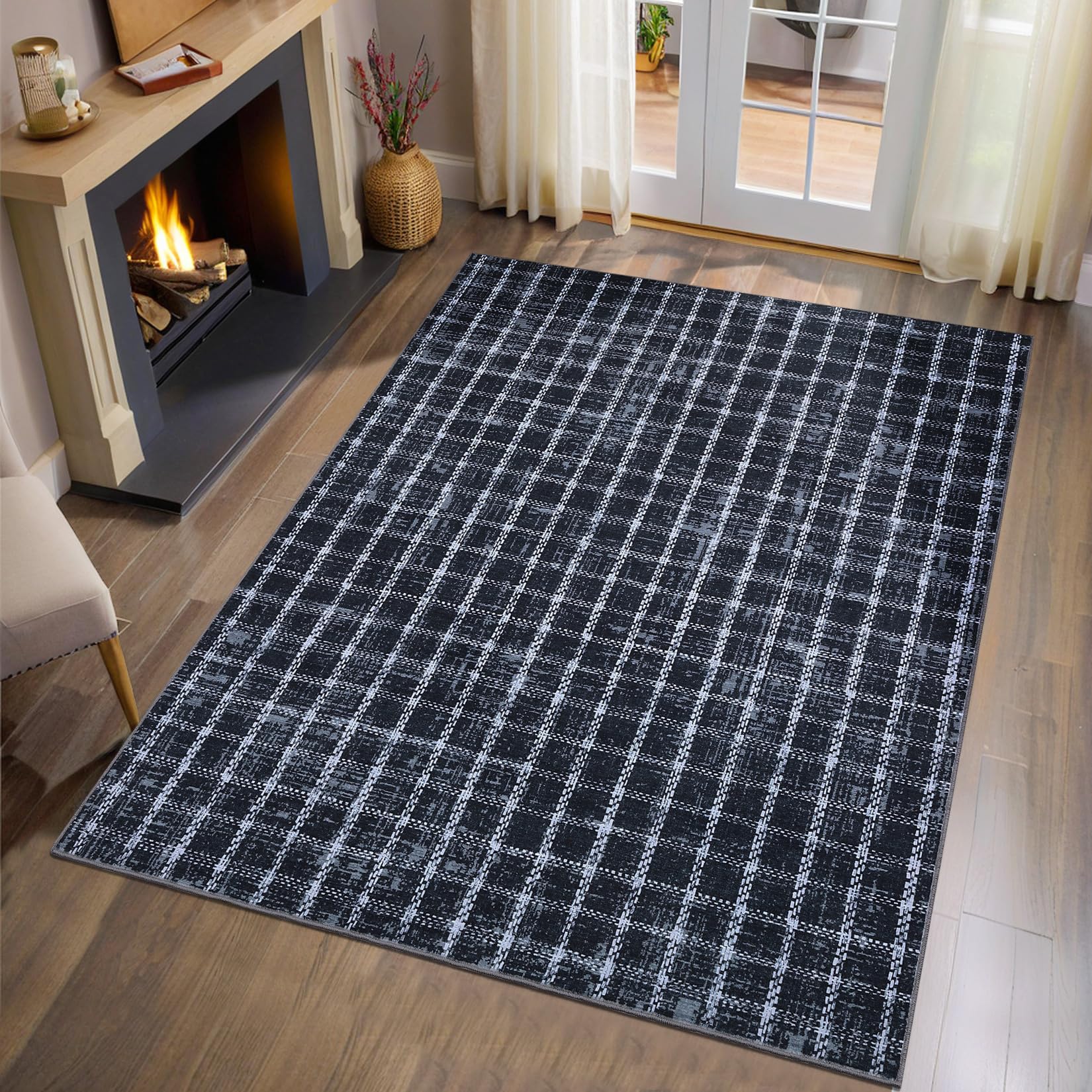 3x5 Area Rug Washable Non-Slip Low-Pile - Checkered Braided Geometric Print for Bedroom Living Room Kitchen Bathroom Entryway Indoor Blue