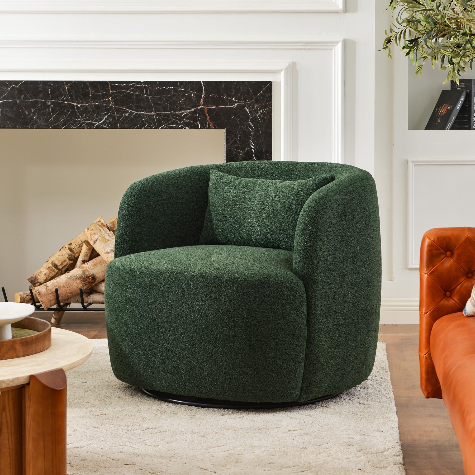 KINWELL 34" Wide Boucle Swivel Barrel Chair, No Assembly Round Upholstered Armchair Accent Chair Single Sofa Chair with Toss Pillow for Living Room