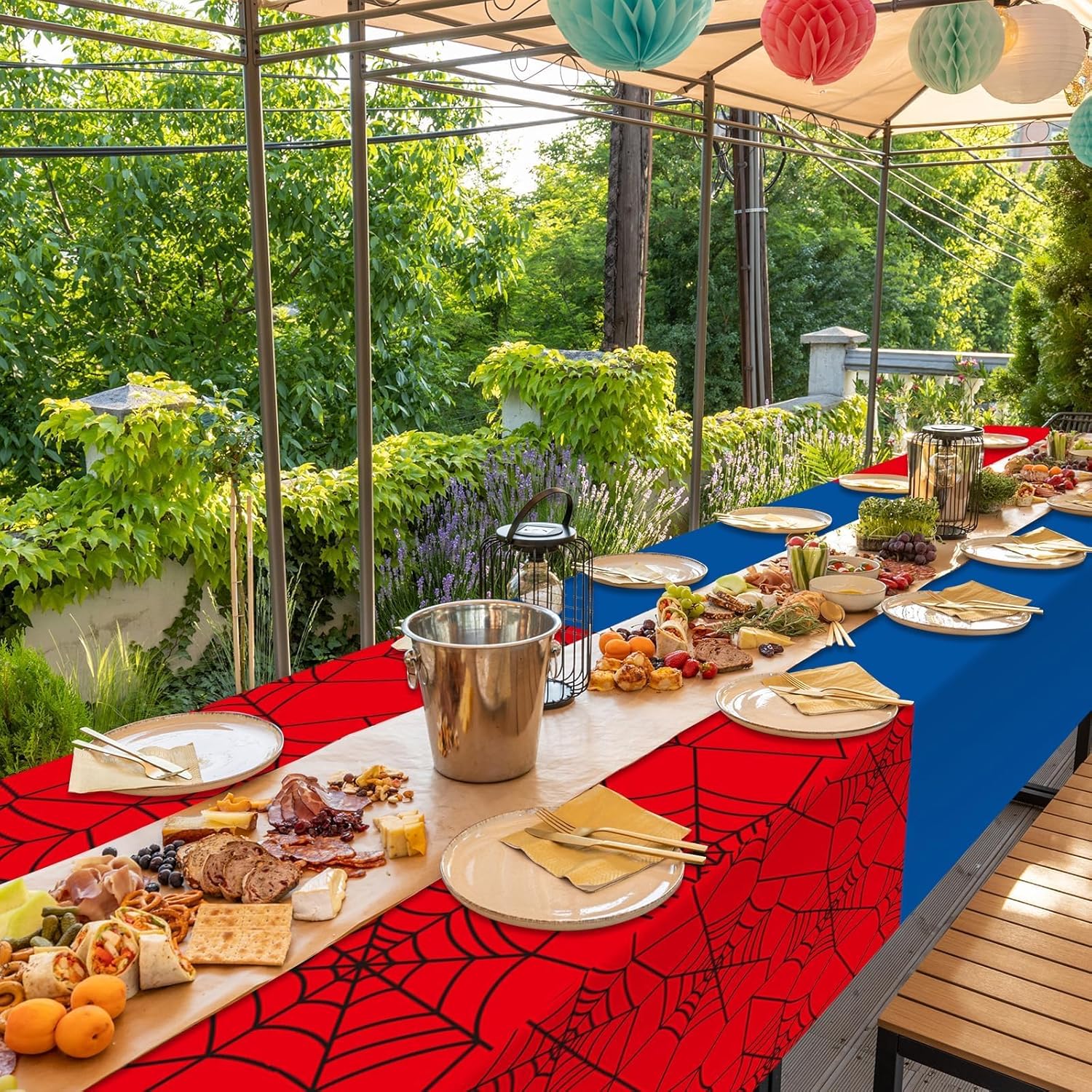 12Pcs Spider Theme Tablecloths Disposable Hero Party Plastic Table Cover Large Rectangle Red Blue Spiderweb Table Cloth for Kids Boys Spider Birthday Party Decorations Baby Shower Supplies 108x54 Inch